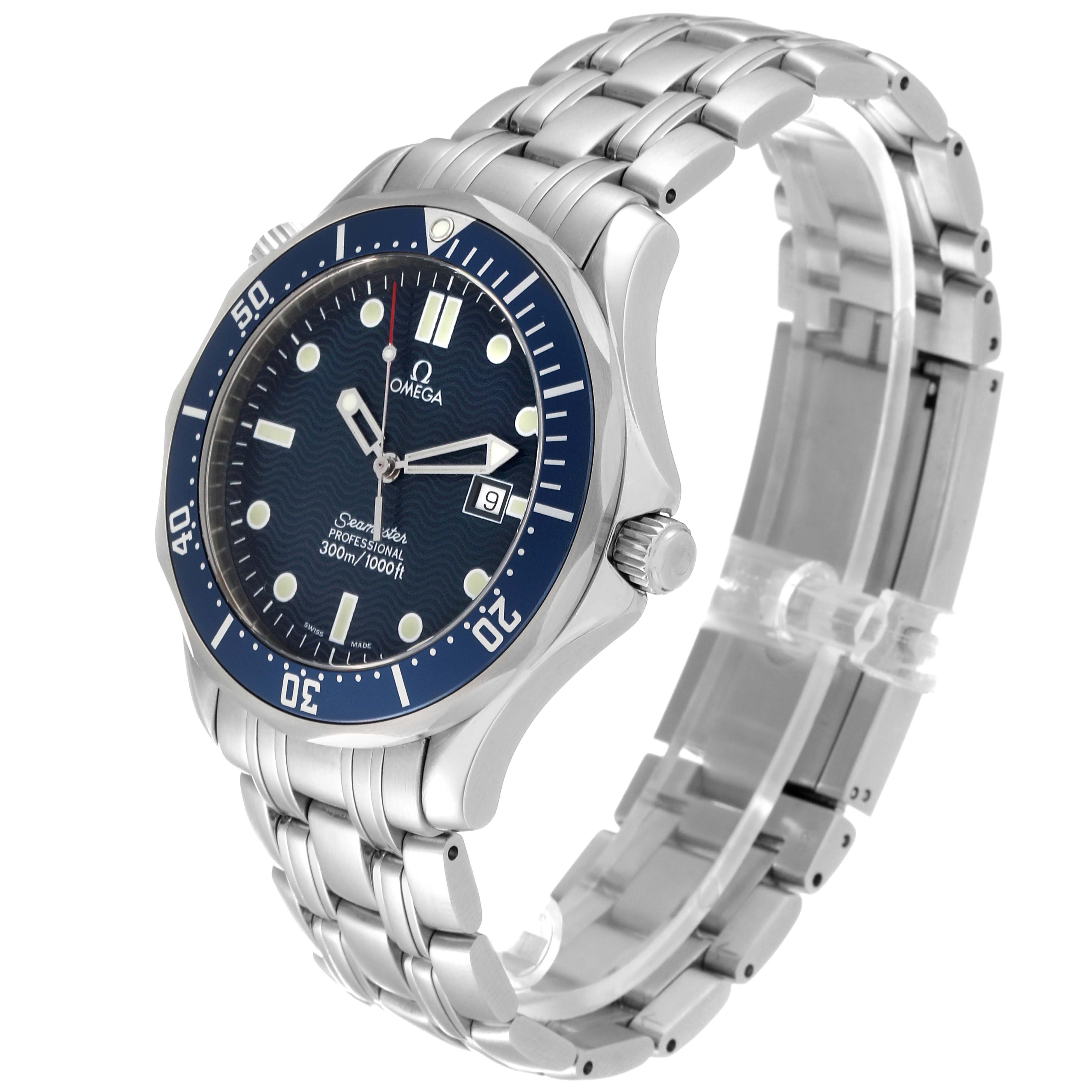 The Omega Seamaster 2541.80.00 Men
s Stainless Steel Blue Dial 2541.80.00 Men
s Stainless Steel Blue Dial watch is shown from an angled front view, displaying its face, bezel, and metal bracelet.