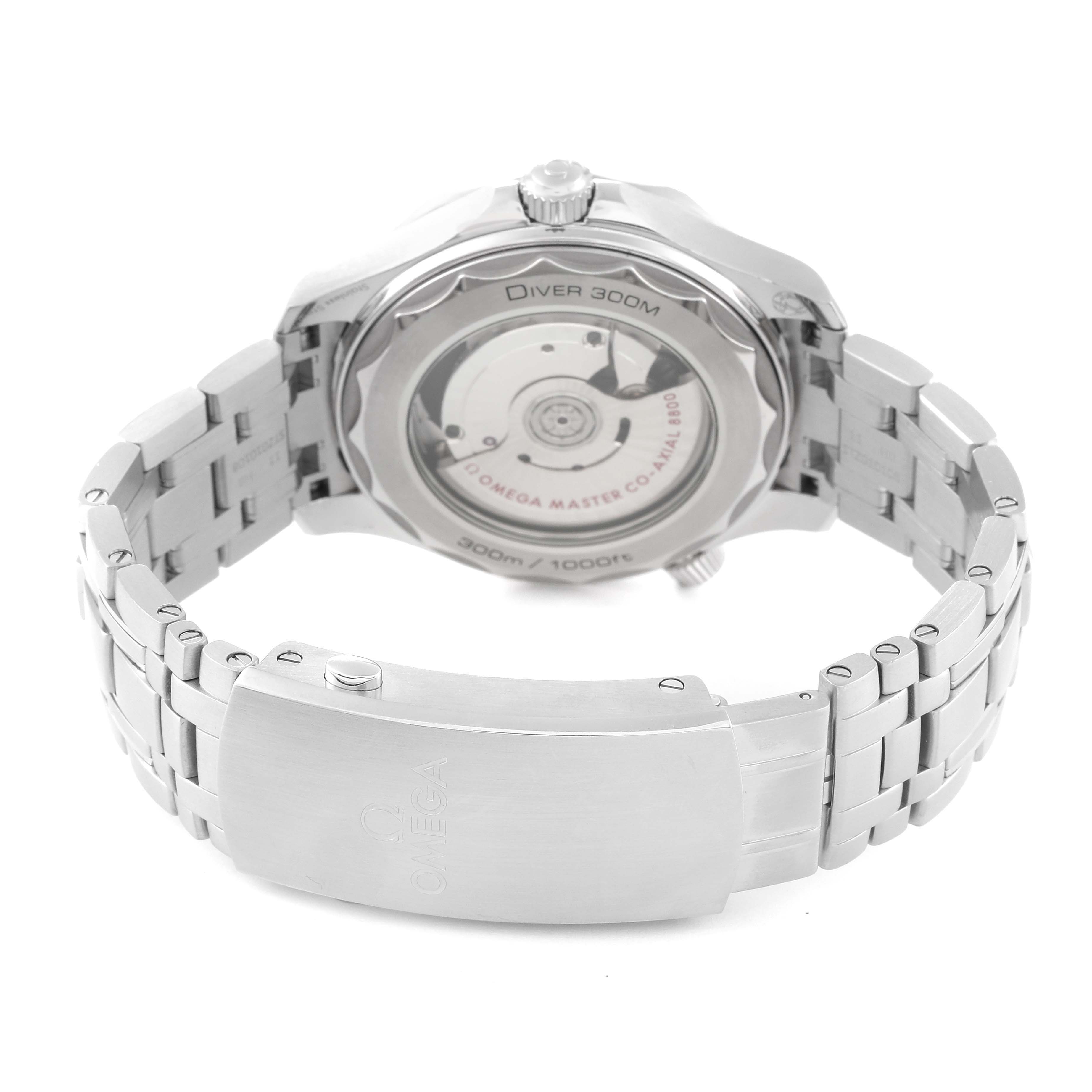 The image shows the back view of the Omega Seamaster 210.30.42.20.06.001 Men
s Stainless Steel Grey Dial 210.30.42.20.06.001 Men
s Stainless Steel Grey Dial watch, highlighting the case back, movement, and bracelet clasp.