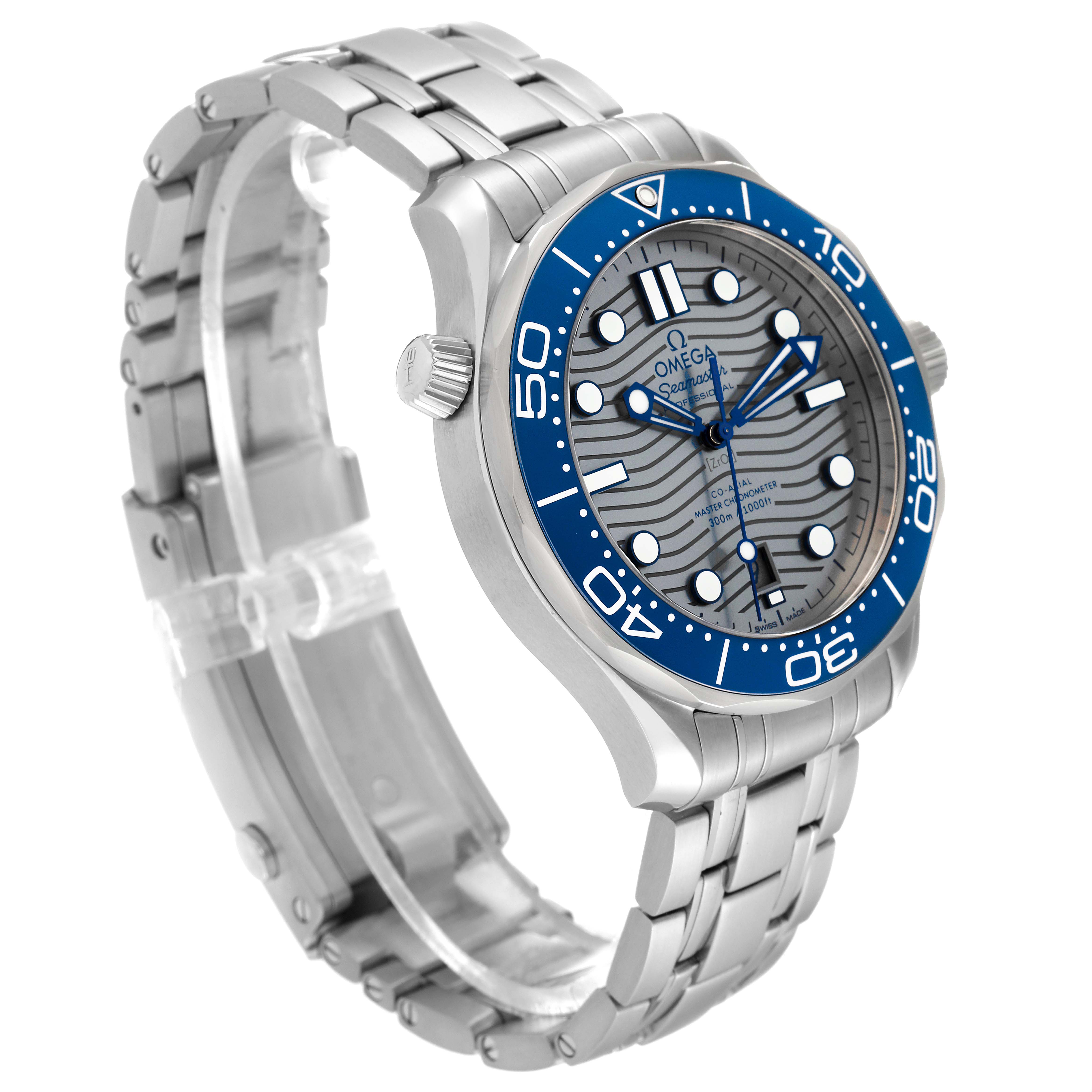 The image shows a side angle of an Omega Seamaster 210.30.42.20.06.001 Men
s Stainless Steel Grey Dial 210.30.42.20.06.001 Men
s Stainless Steel Grey Dial watch, highlighting the face, bezel, crown, and stainless steel bracelet.