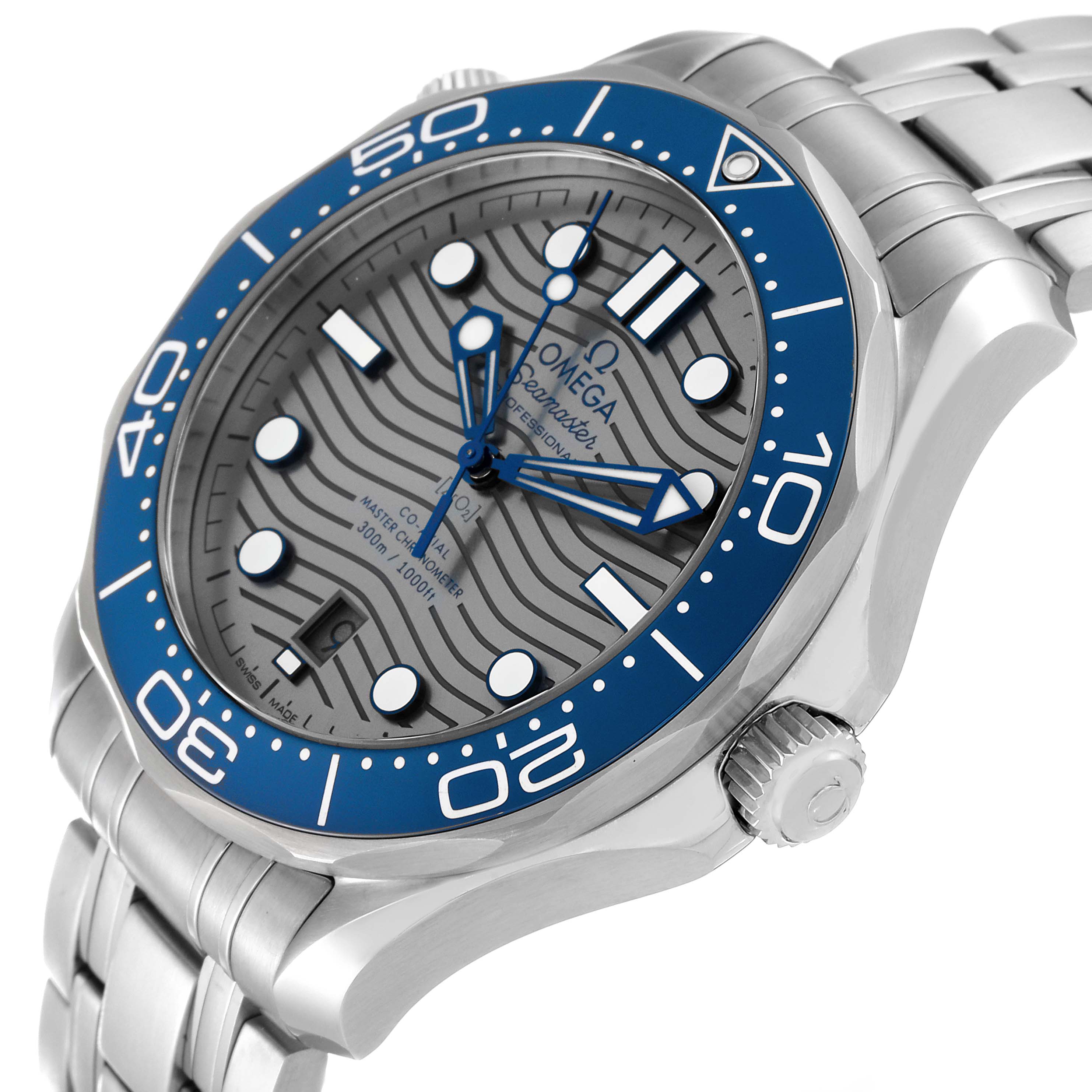 The image shows an angled view of the Omega Seamaster 210.30.42.20.06.001 Men
s Stainless Steel Grey Dial 210.30.42.20.06.001 Men
s Stainless Steel Grey Dial watch face, crown, and part of the bracelet.