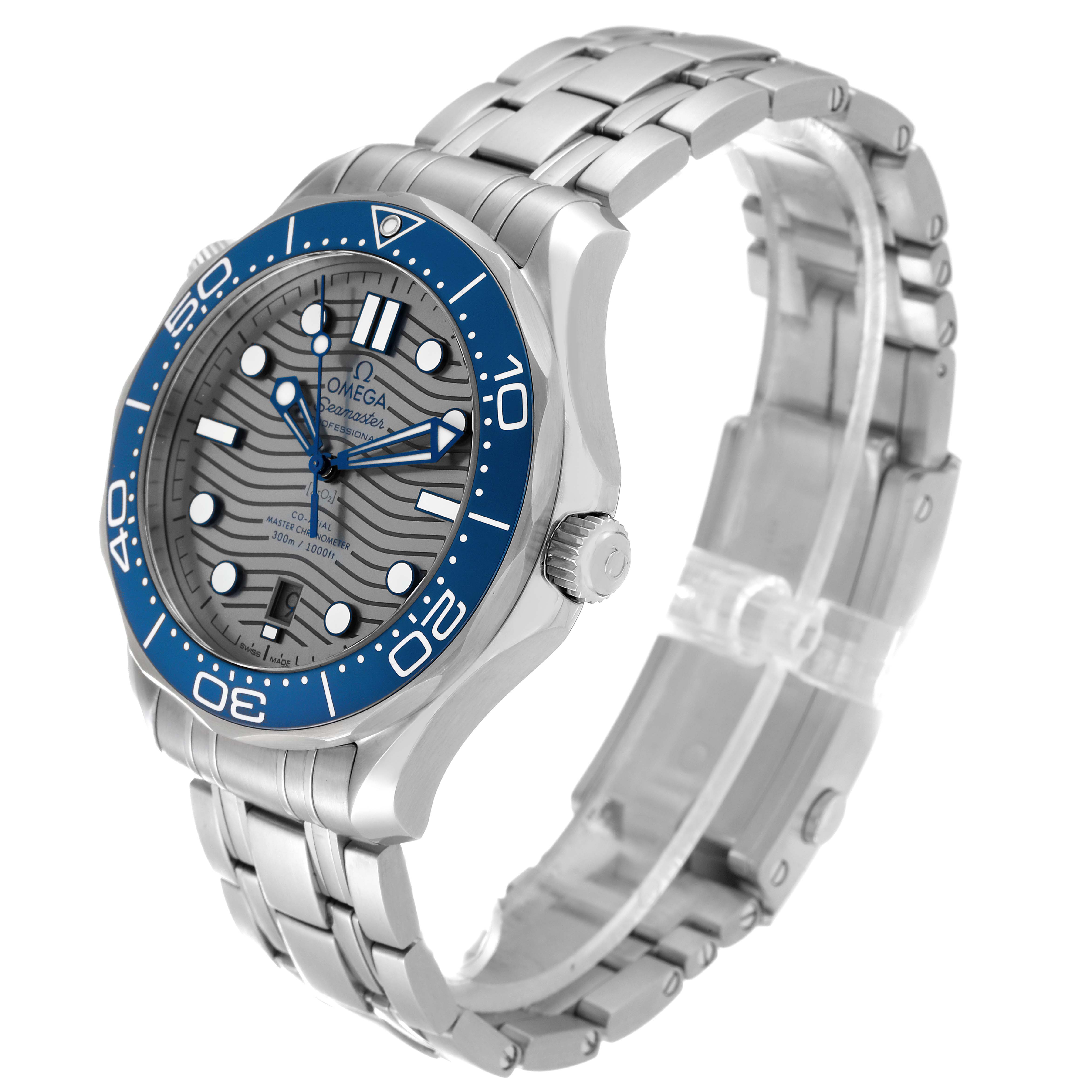 The image shows a side angle of an Omega Seamaster 210.30.42.20.06.001 Men
s Stainless Steel Grey Dial 210.30.42.20.06.001 Men
s Stainless Steel Grey Dial watch, highlighting its stainless steel bracelet and blue bezel.