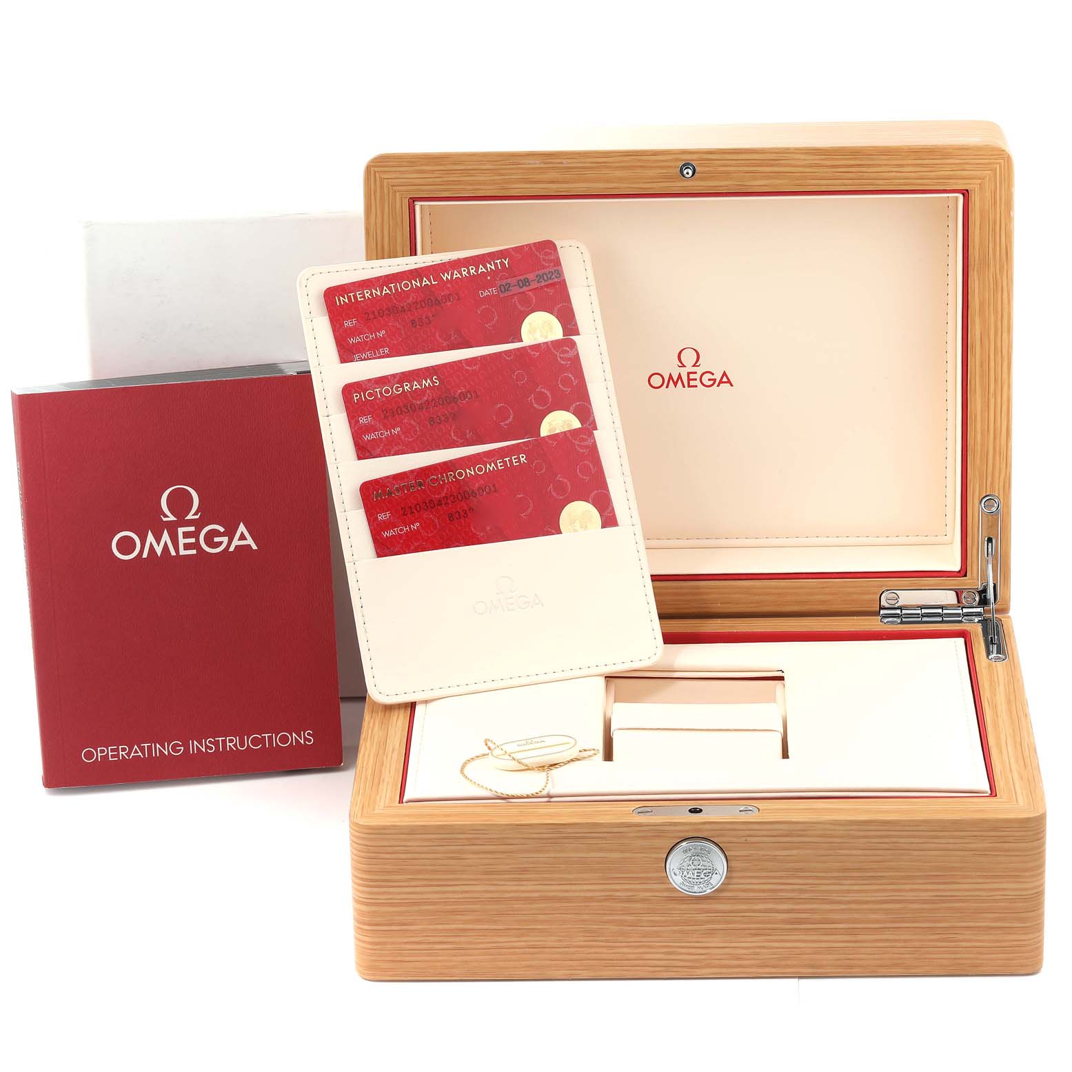 The image shows an Omega Seamaster 210.30.42.20.06.001 Men
s Stainless Steel Grey Dial 210.30.42.20.06.001 Men
s Stainless Steel Grey Dial watch box, warranty cards, and operating instructions booklet.