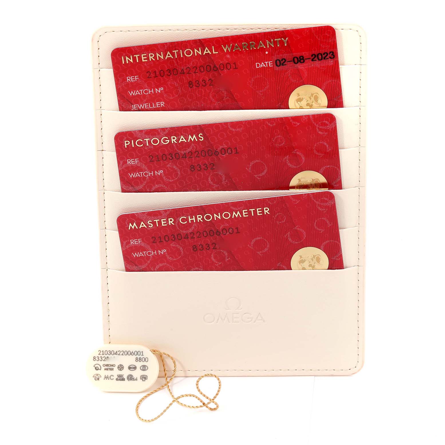 The image shows warranty cards and documentation for the Omega Seamaster 210.30.42.20.06.001 Men
s Stainless Steel Grey Dial 210.30.42.20.06.001 Men
s Stainless Steel Grey Dial model.