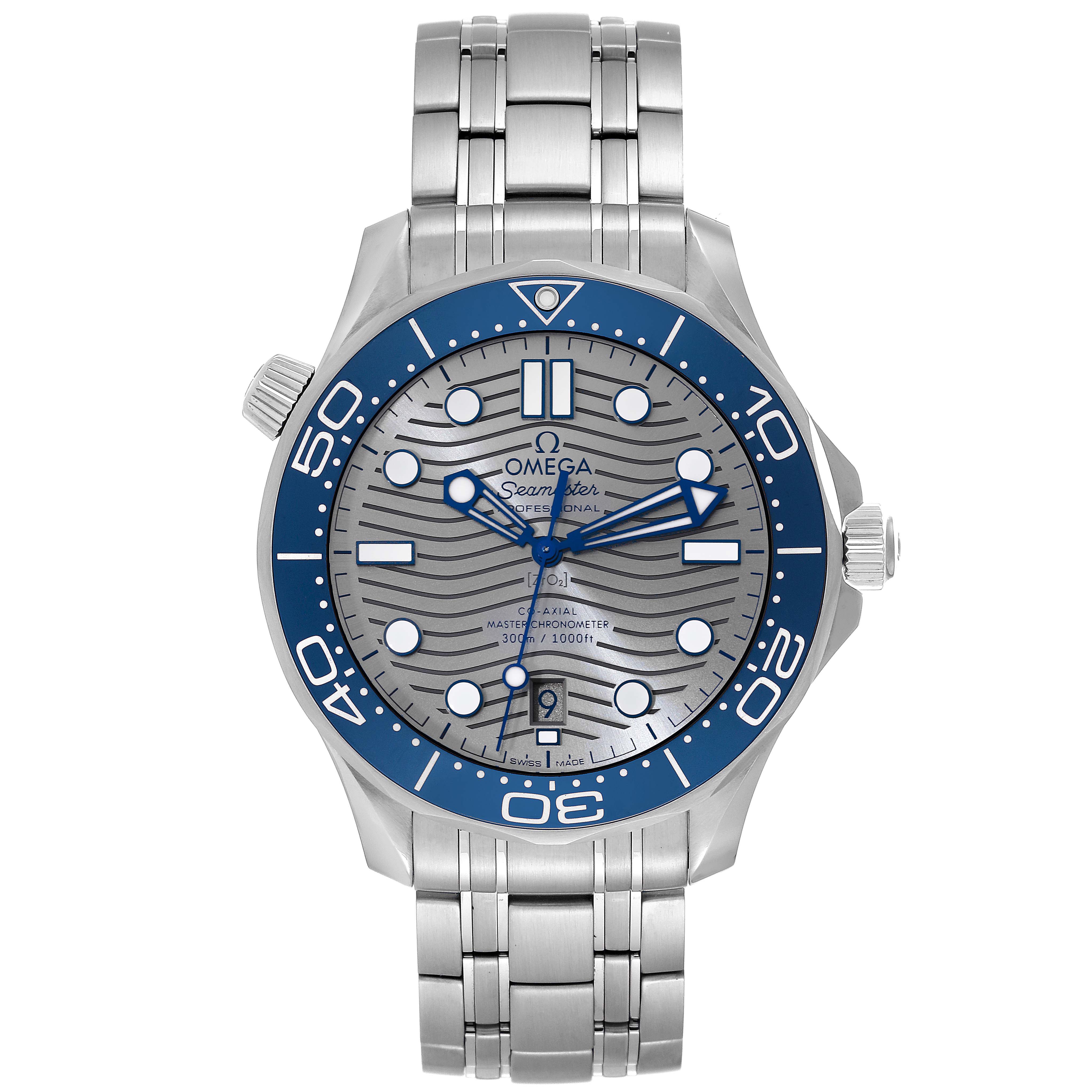 The image shows a front view of an Omega Seamaster 210.30.42.20.06.001 Men
s Stainless Steel Grey Dial 210.30.42.20.06.001 Men
s Stainless Steel Grey Dial watch, featuring a stainless steel bracelet, blue bezel, and wave-patterned dial.