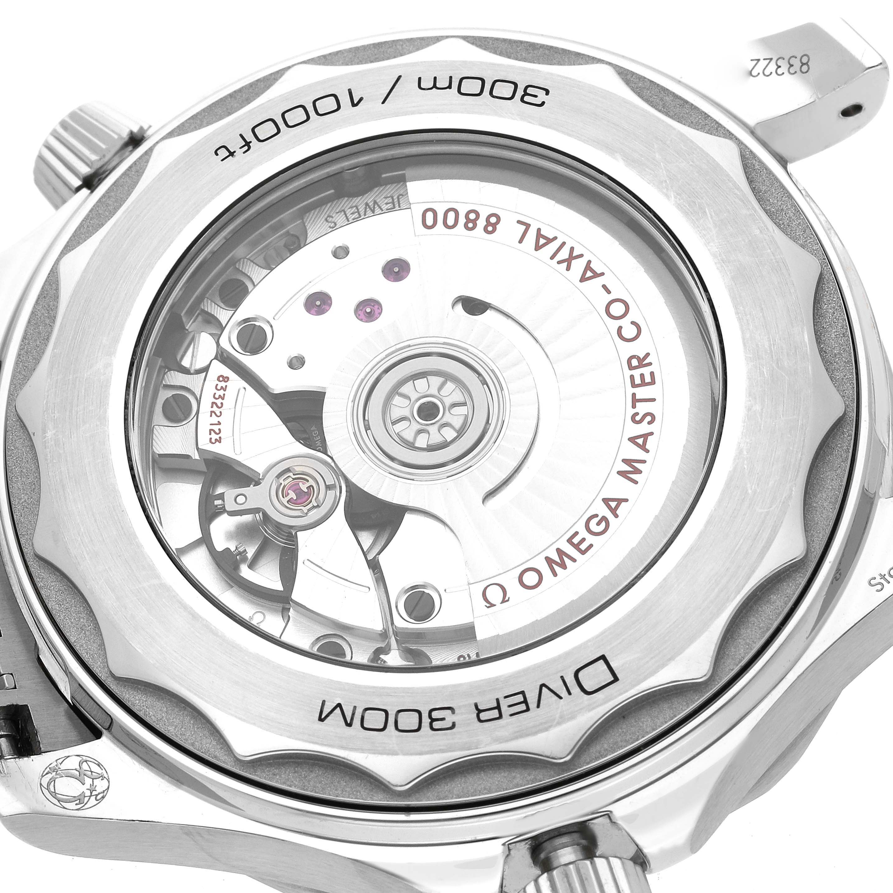 This image shows the back view of an Omega Seamaster 210.30.42.20.06.001 Men
s Stainless Steel Grey Dial 210.30.42.20.06.001 Men
s Stainless Steel Grey Dial watch, highlighting its movement and 300m water resistance engraving.