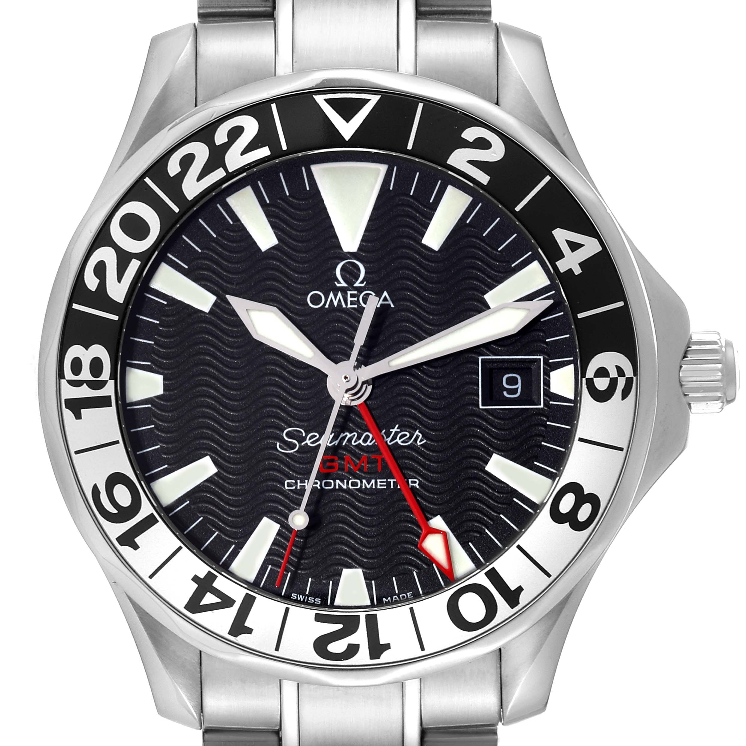 The image shows a front view of the Omega Seamaster 2536.50.00 Men's Stainless Steel Black Dial 2536.50.00 Men's Stainless Steel Black Dial GMT Chronometer watch displaying the face, bezel, date window, and part of the bracelet.