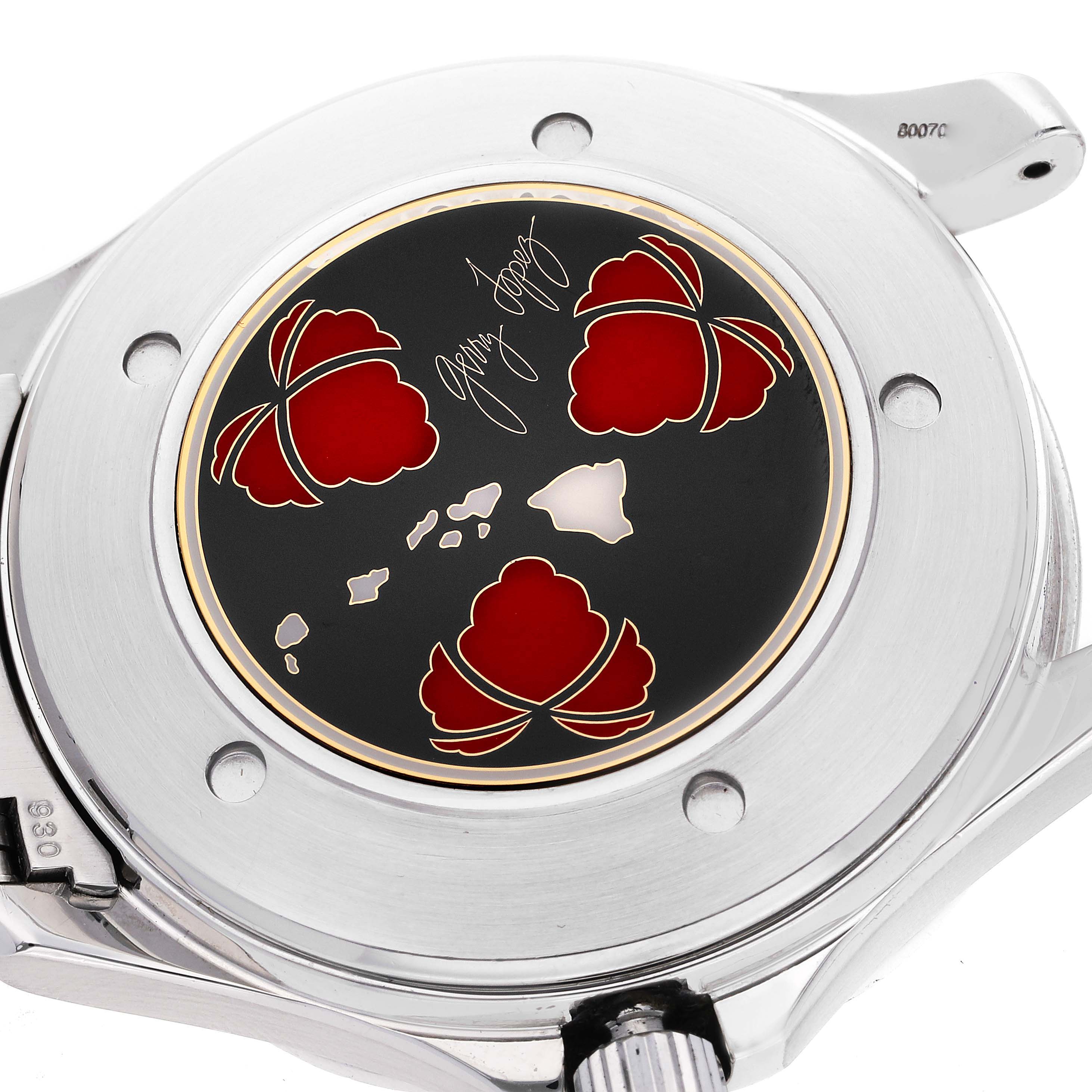 This image shows the back case of an Omega Seamaster 2536.50.00 Men's Stainless Steel Black Dial 2536.50.00 Men's Stainless Steel Black Dial watch, featuring decorative elements and a signature.