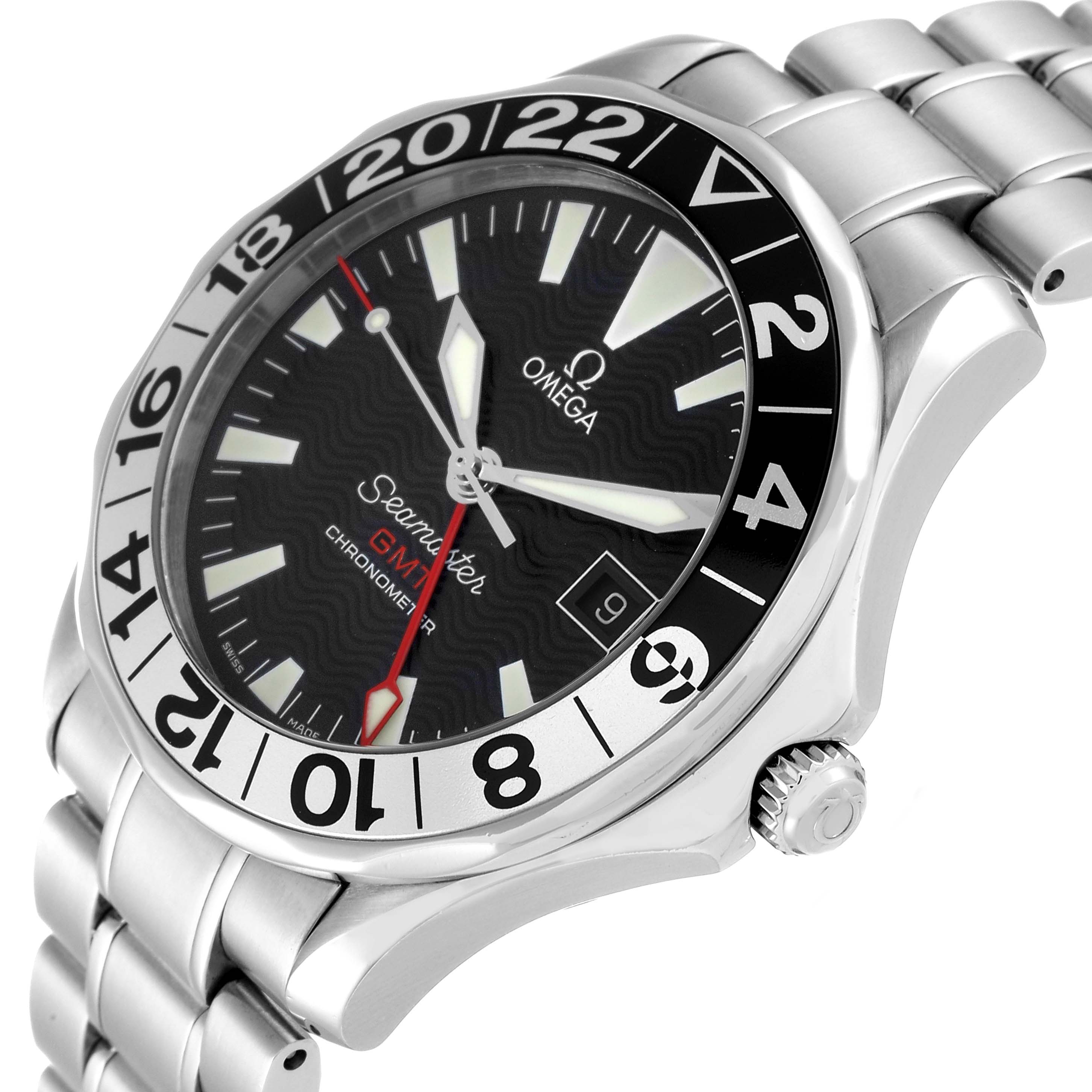 The image shows a close-up angle of an Omega Seamaster 2536.50.00 Men's Stainless Steel Black Dial 2536.50.00 Men's Stainless Steel Black Dial GMT watch, highlighting its face, crown, bezel, and bracelet.