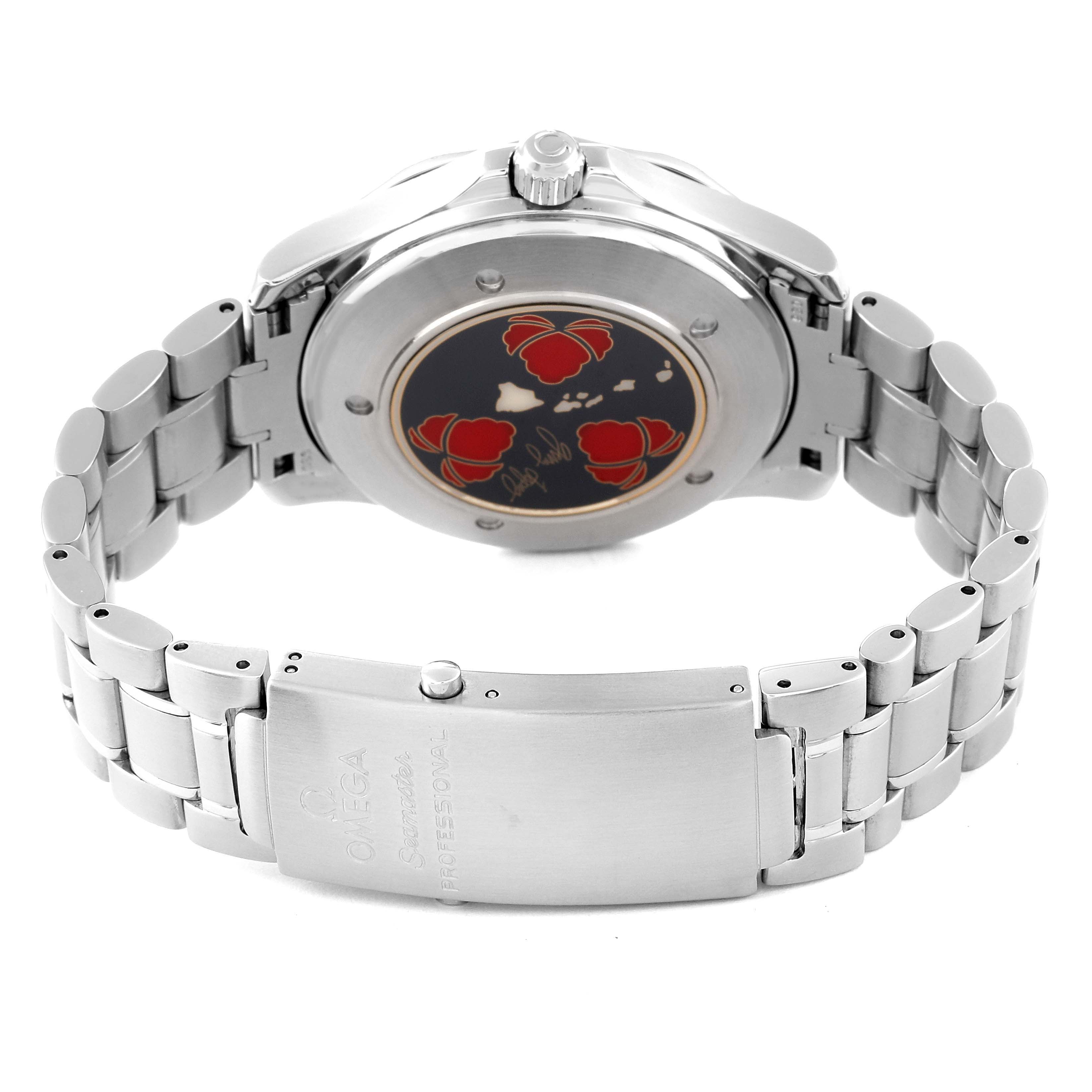 The image shows the back and bracelet of an Omega Seamaster 2536.50.00 Men's Stainless Steel Black Dial 2536.50.00 Men's Stainless Steel Black Dial watch, highlighting the case back design and clasp.