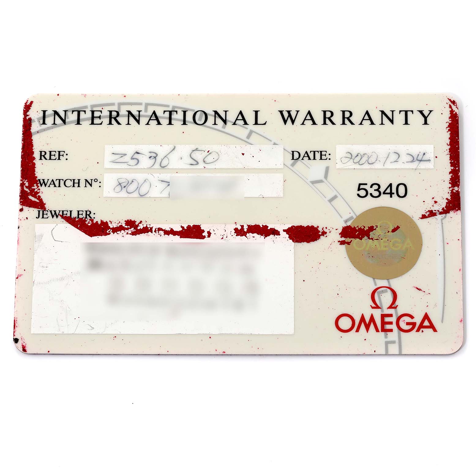 This image shows the front of an International Warranty card for the Omega Seamaster 2536.50.00 Men's Stainless Steel Black Dial 2536.50.00 Men's Stainless Steel Black Dial model.