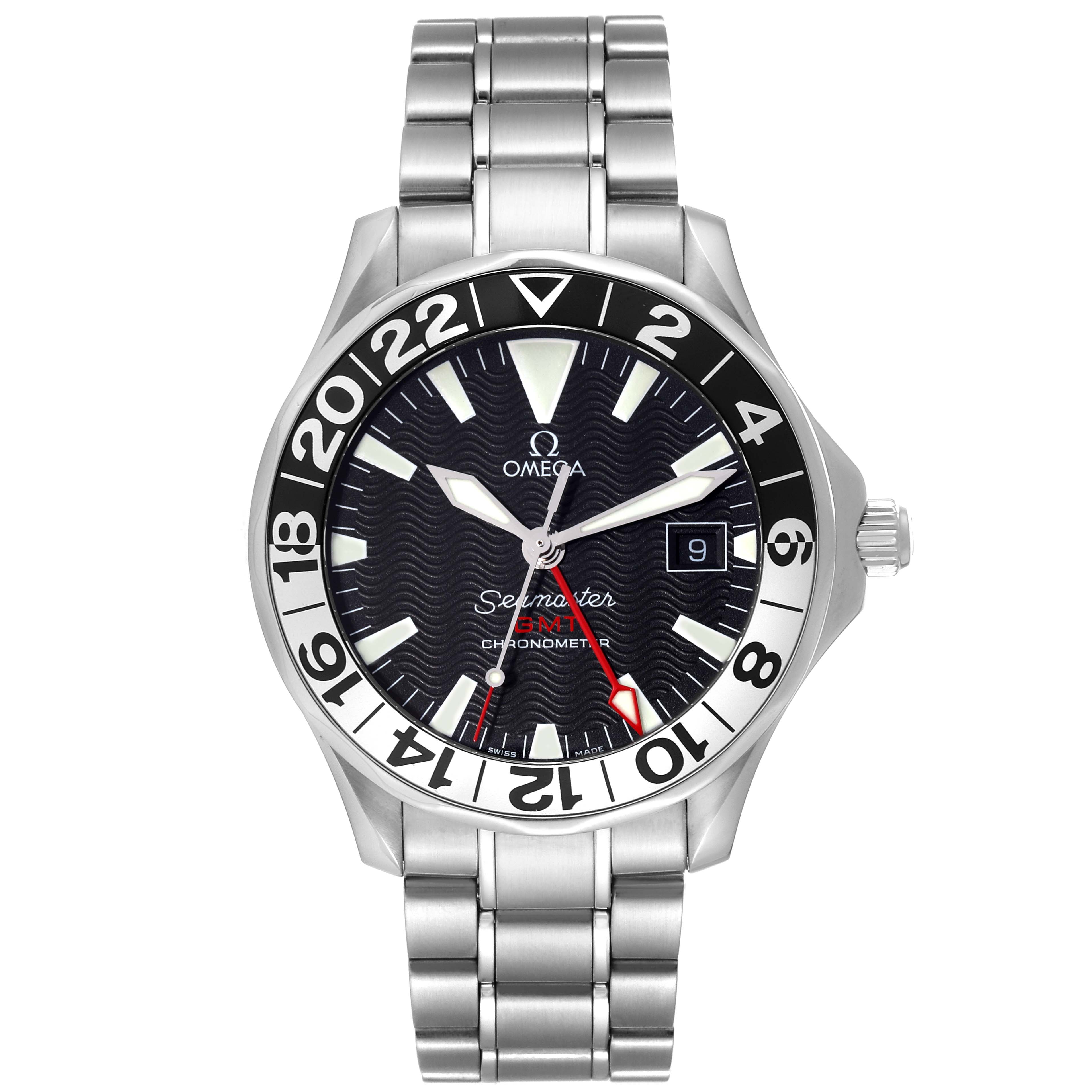 The watch is an Omega Seamaster 2536.50.00 Men's Stainless Steel Black Dial 2536.50.00 Men's Stainless Steel Black Dial model, shown from the front, displaying the face, markers, bezel, hands, date window, and bracelet.