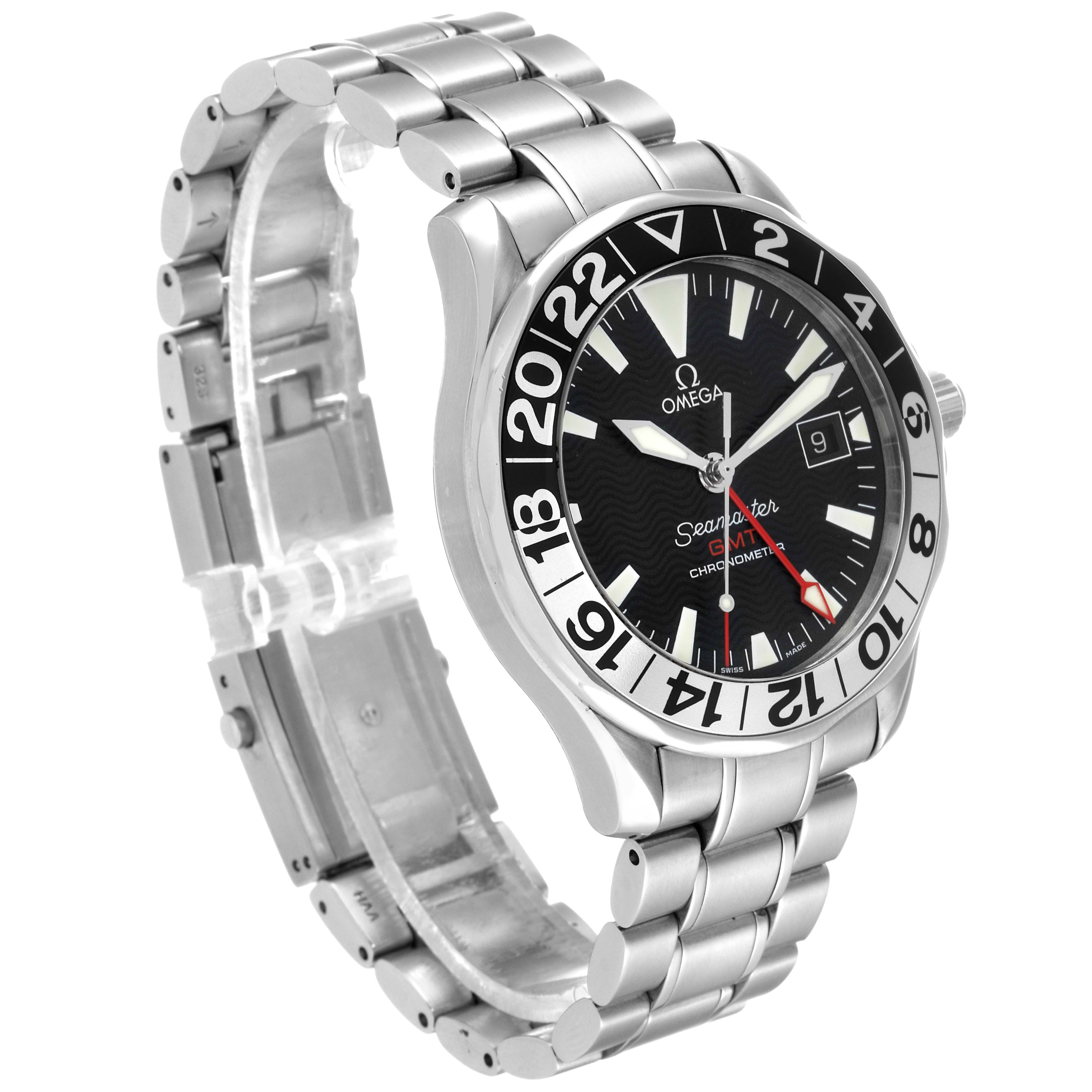 This Omega Seamaster 2536.50.00 Men's Stainless Steel Black Dial 2536.50.00 Men's Stainless Steel Black Dial watch is shown at a three-quarter angle, displaying its face, bracelet, and clasp.