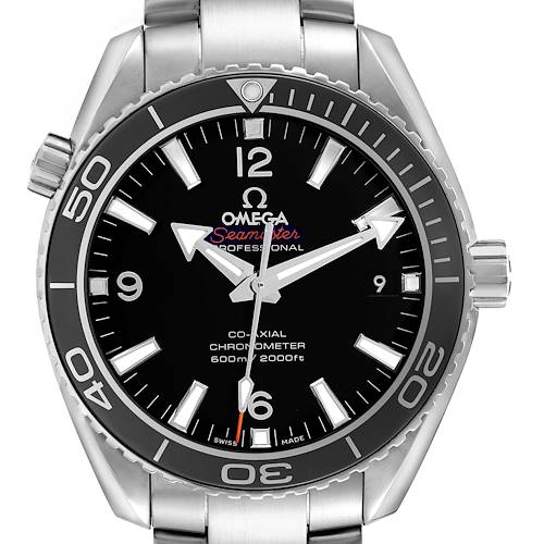 The Omega Seamaster 232.30.42.21.01.001 Men's Stainless Steel Black Dial watch is shown from a front angle, displaying the face, bezel, and part of the bracelet.