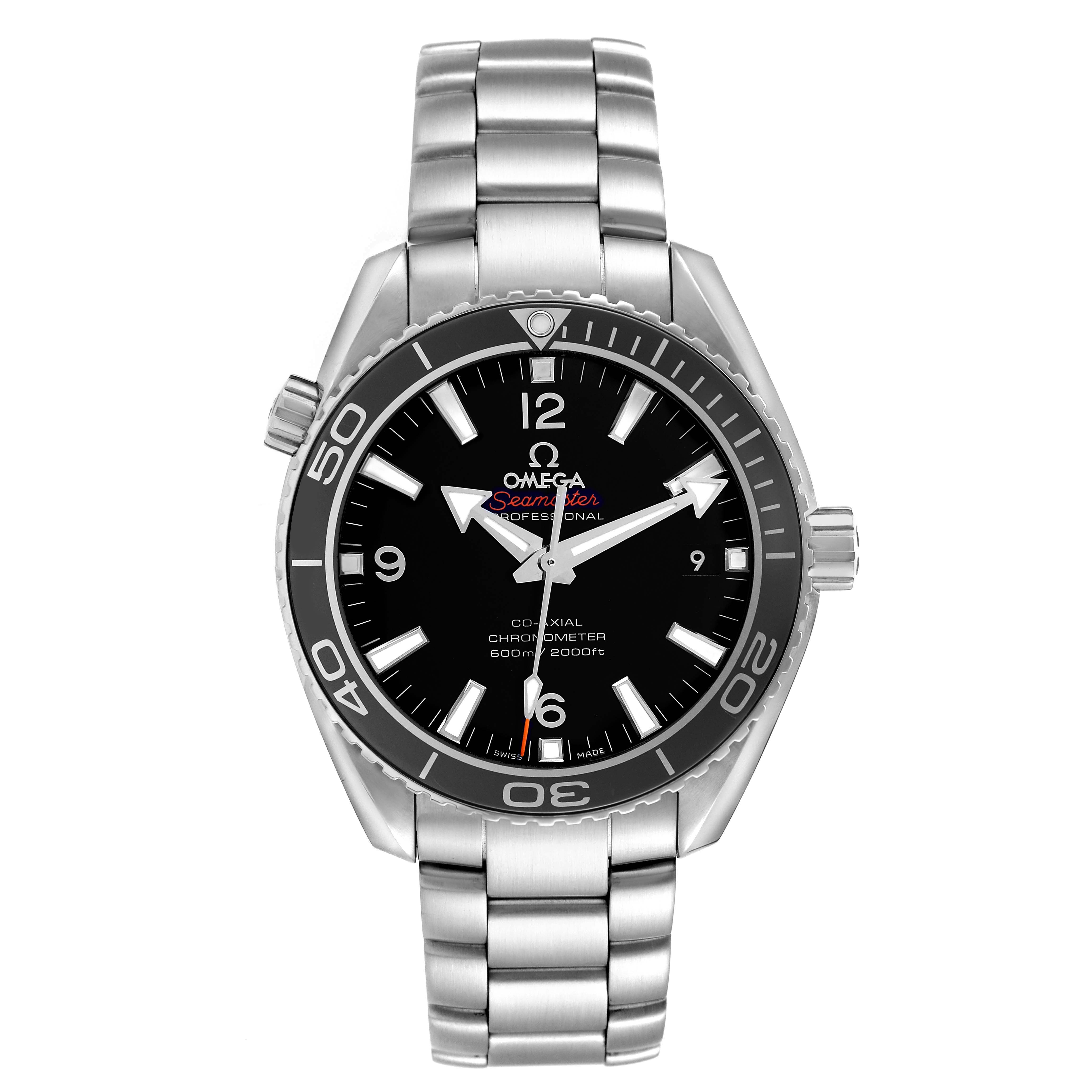 The Omega Seamaster 232.30.42.21.01.001 Men's Stainless Steel Black Dial watch is shown from the front, displaying its face, bezel, and stainless steel bracelet.