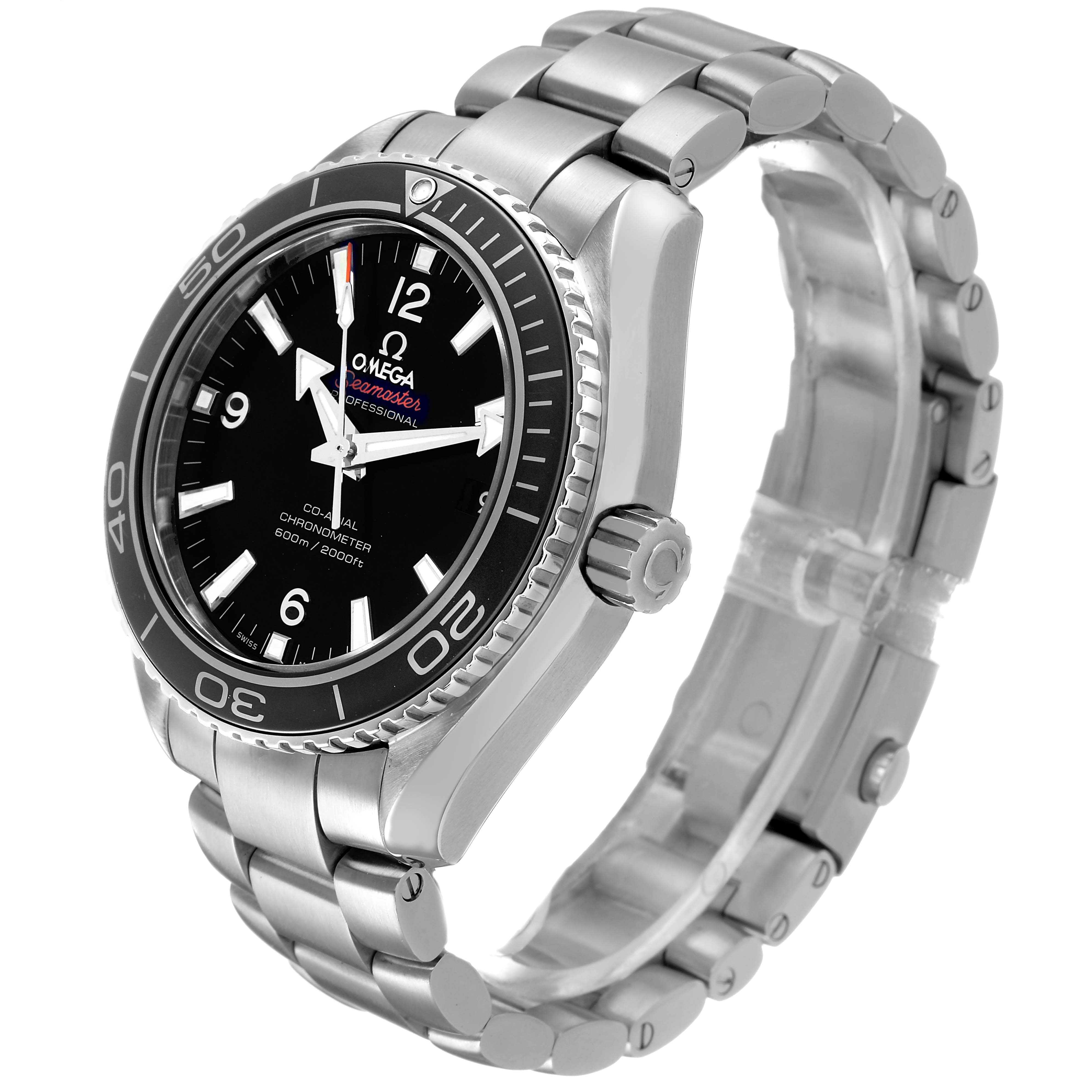The Omega Seamaster 232.30.42.21.01.001 Men's Stainless Steel Black Dial watch is shown at a three-quarters angle, highlighting the face, bezel, crown, and metal bracelet.