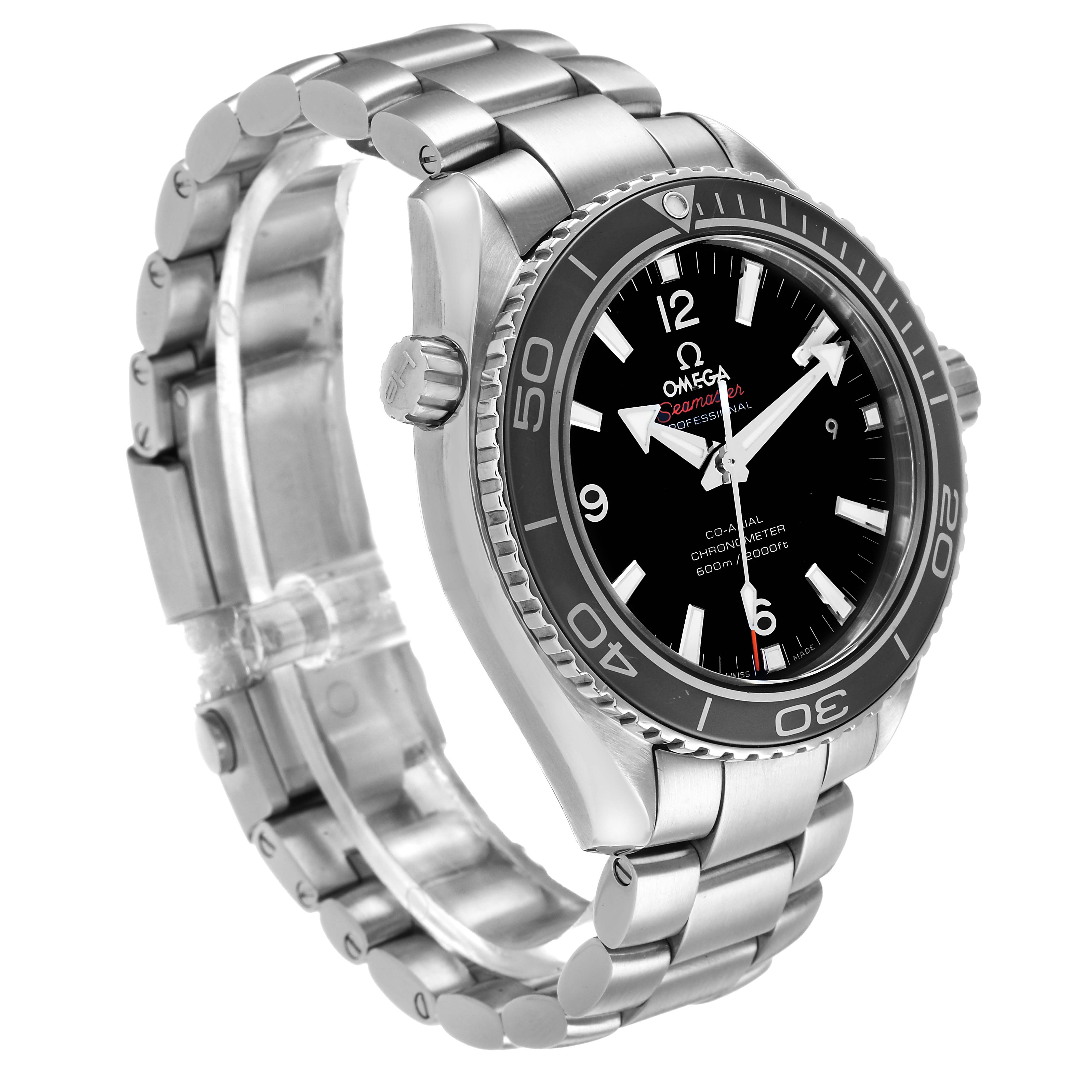The Omega Seamaster 232.30.42.21.01.001 Men's Stainless Steel Black Dial is shown from a three-quarter angle, highlighting the bezel, dial, crown, and stainless steel bracelet.