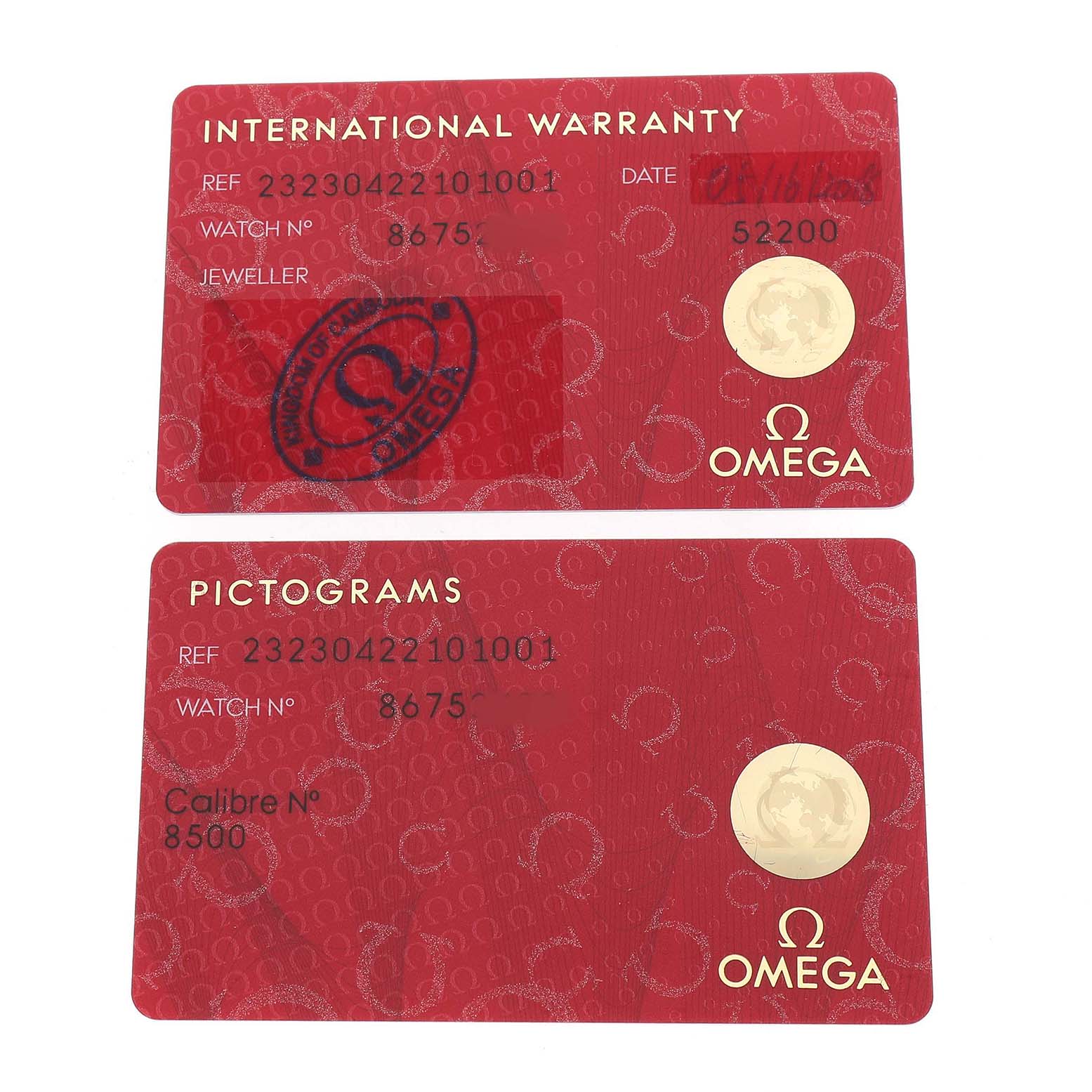 The image shows two warranty and pictogram cards for the Omega Seamaster 232.30.42.21.01.001 Men's Stainless Steel Black Dial model.