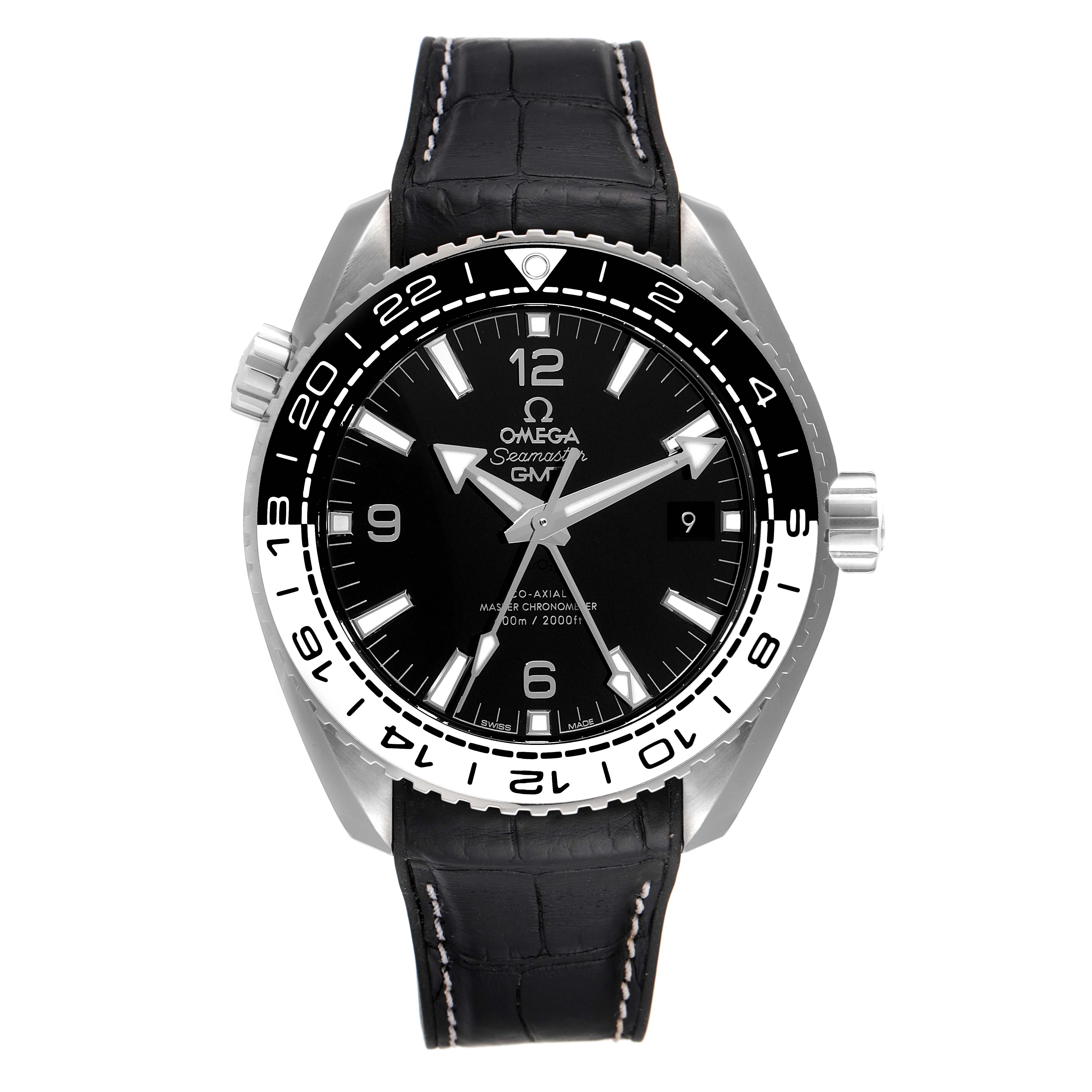 The image shows a front view of the Omega Planet Ocean 215.33.44.22.03.001 Men's Stainless Steel Black Dial 215.33.44.22.03.001 Men's Stainless Steel Black Dial model watch, highlighting its black dial, white markers, and black leather strap.