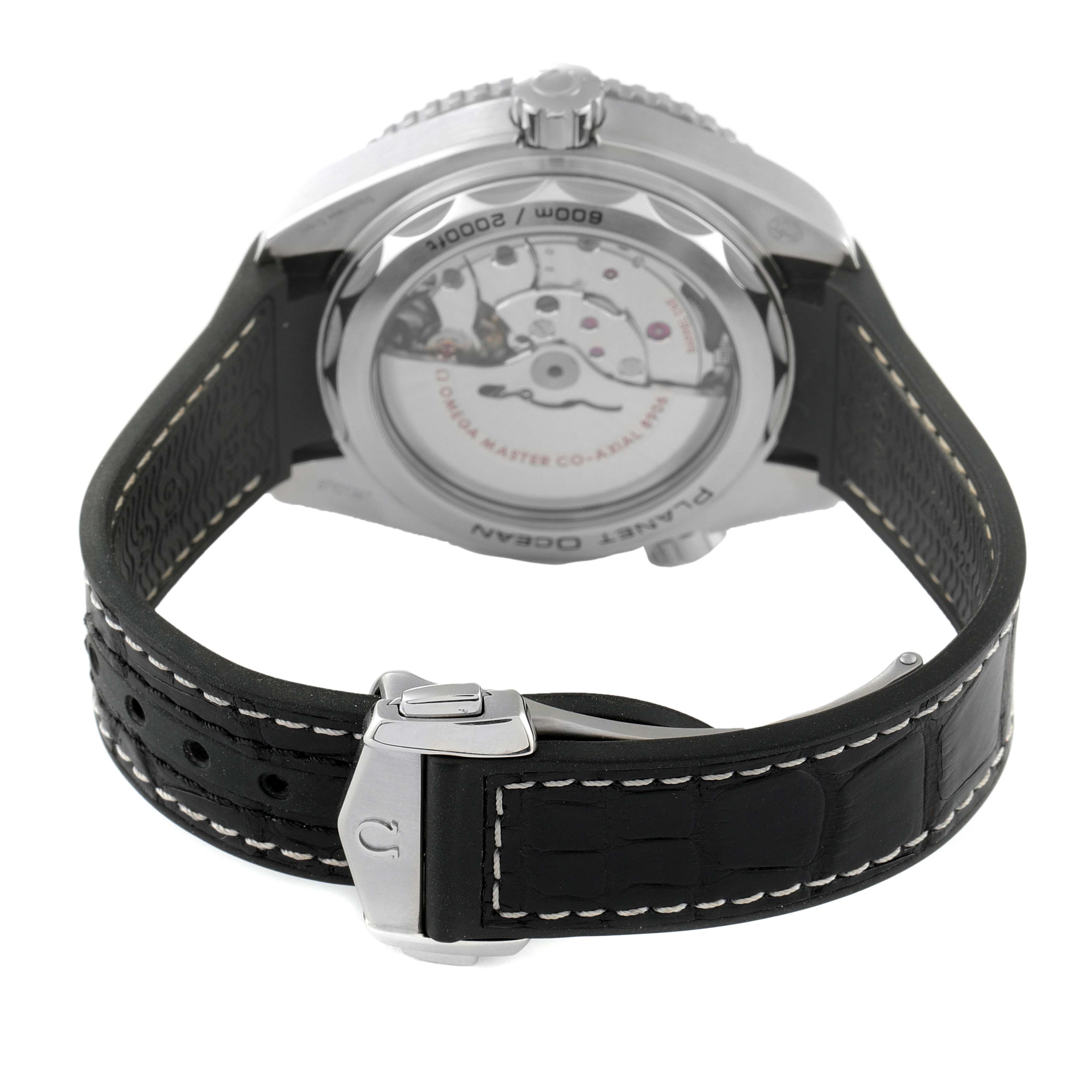 The image shows the Omega Planet Ocean 215.33.44.22.03.001 Men's Stainless Steel Black Dial 215.33.44.22.03.001 Men's Stainless Steel Black Dial watch from the back, highlighting the movement and black leather strap.