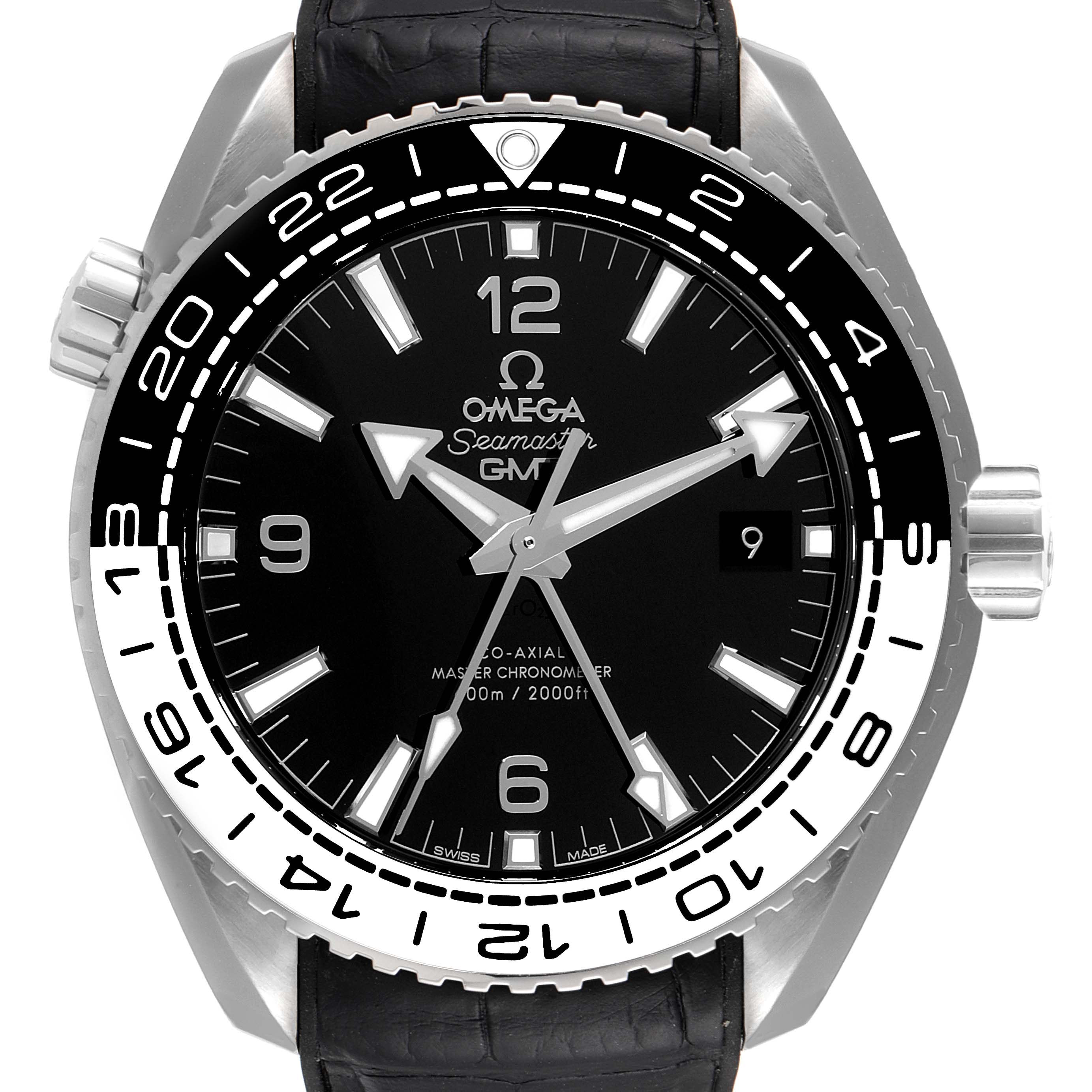 Front view of the Omega Planet Ocean 215.33.44.22.03.001 Men's Stainless Steel Black Dial 215.33.44.22.03.001 Men's Stainless Steel Black Dial GMT watch showing the face, hands, bezel, and part of the strap.