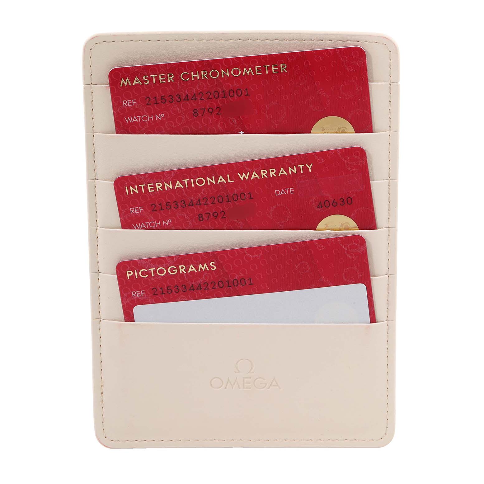 The image shows warranty and pictogram cards in a holder for the Omega Planet Ocean 215.33.44.22.03.001 Men's Stainless Steel Black Dial 215.33.44.22.03.001 Men's Stainless Steel Black Dial watch model, viewed from the front.