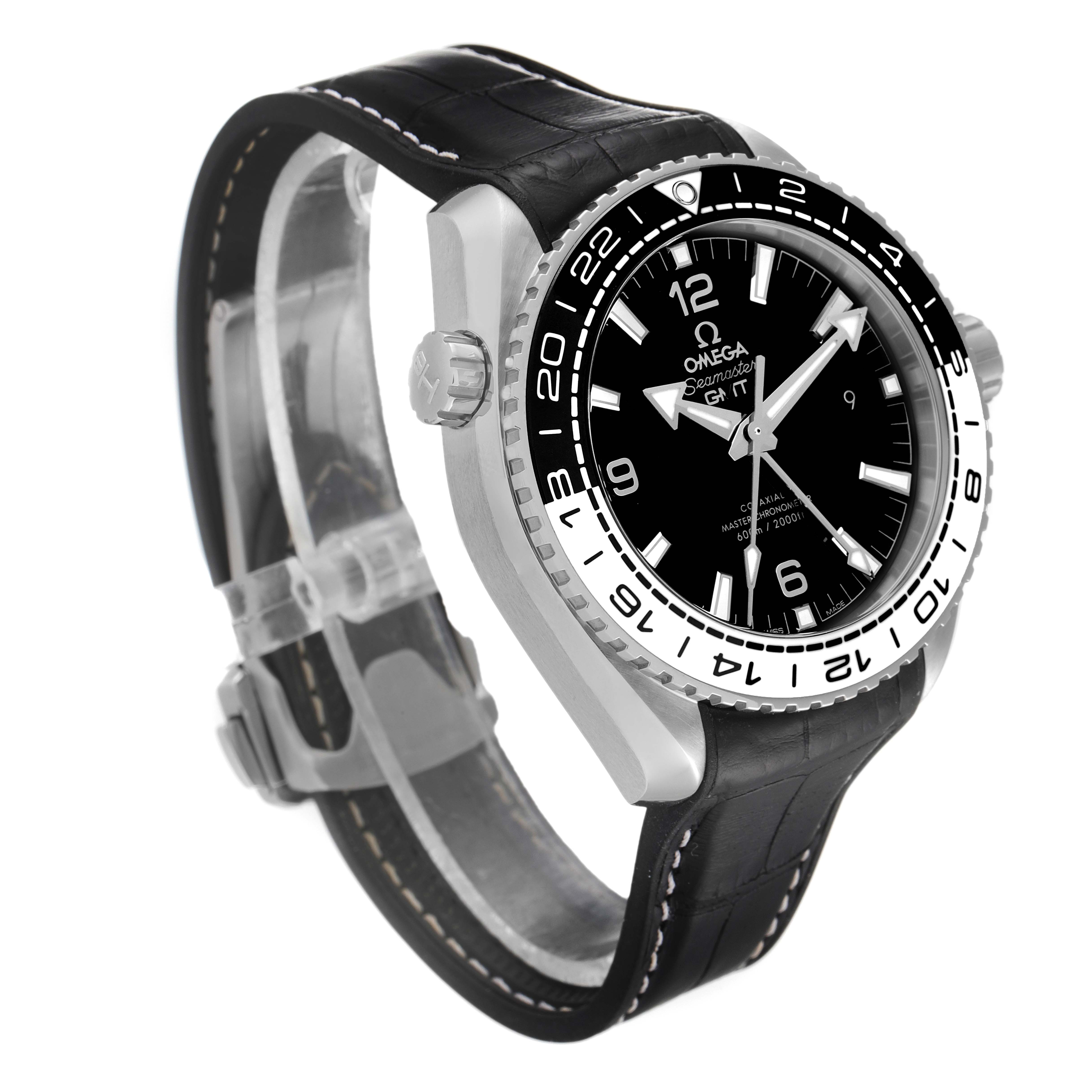 This image shows a side and angled front view of the Omega Planet Ocean 215.33.44.22.03.001 Men's Stainless Steel Black Dial 215.33.44.22.03.001 Men's Stainless Steel Black Dial model, highlighting the bezel, dial, and leather strap.