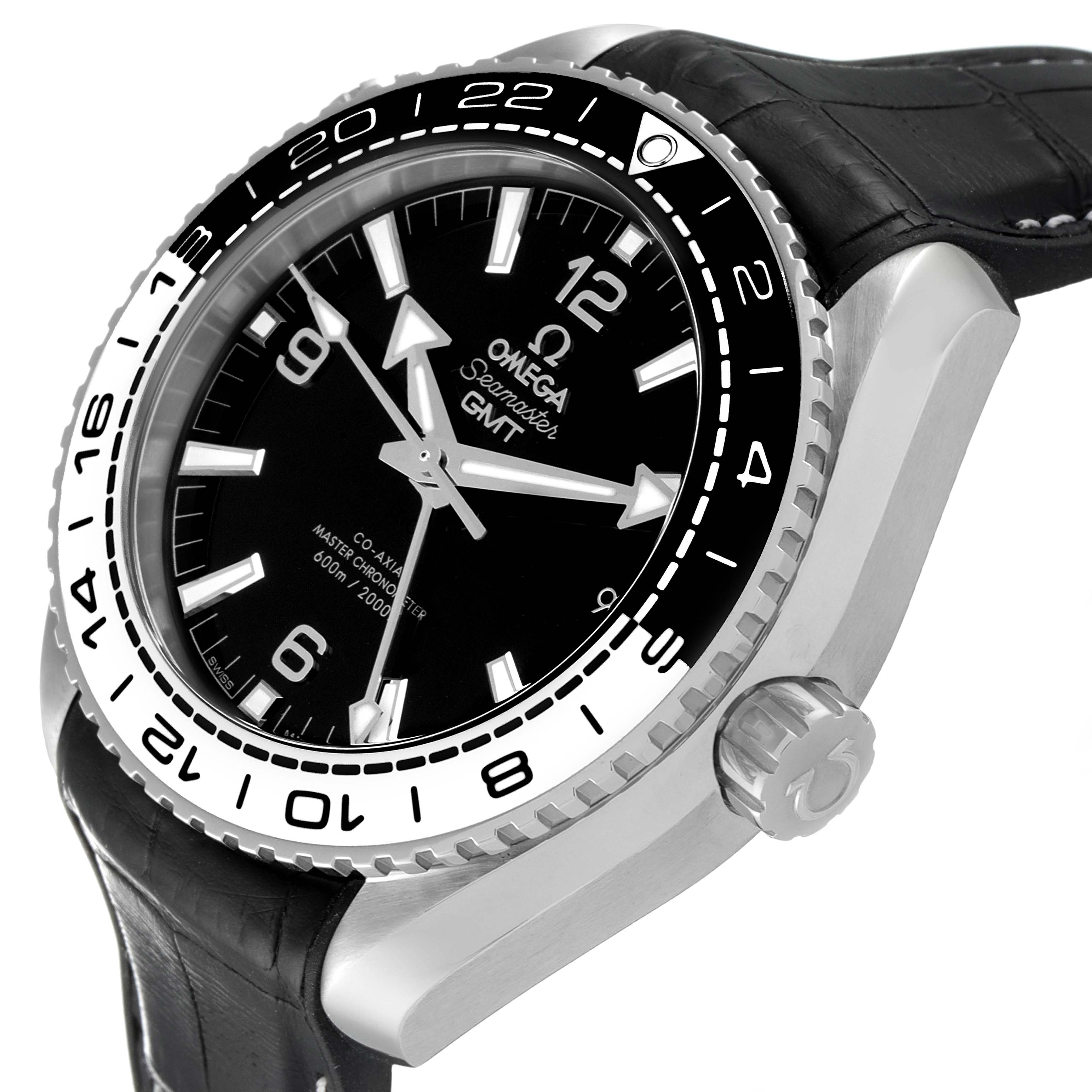 The image shows an angled view of the Omega Planet Ocean 215.33.44.22.03.001 Men's Stainless Steel Black Dial 215.33.44.22.03.001 Men's Stainless Steel Black Dial GMT watch, highlighting the bezel, dial, case, and crown.