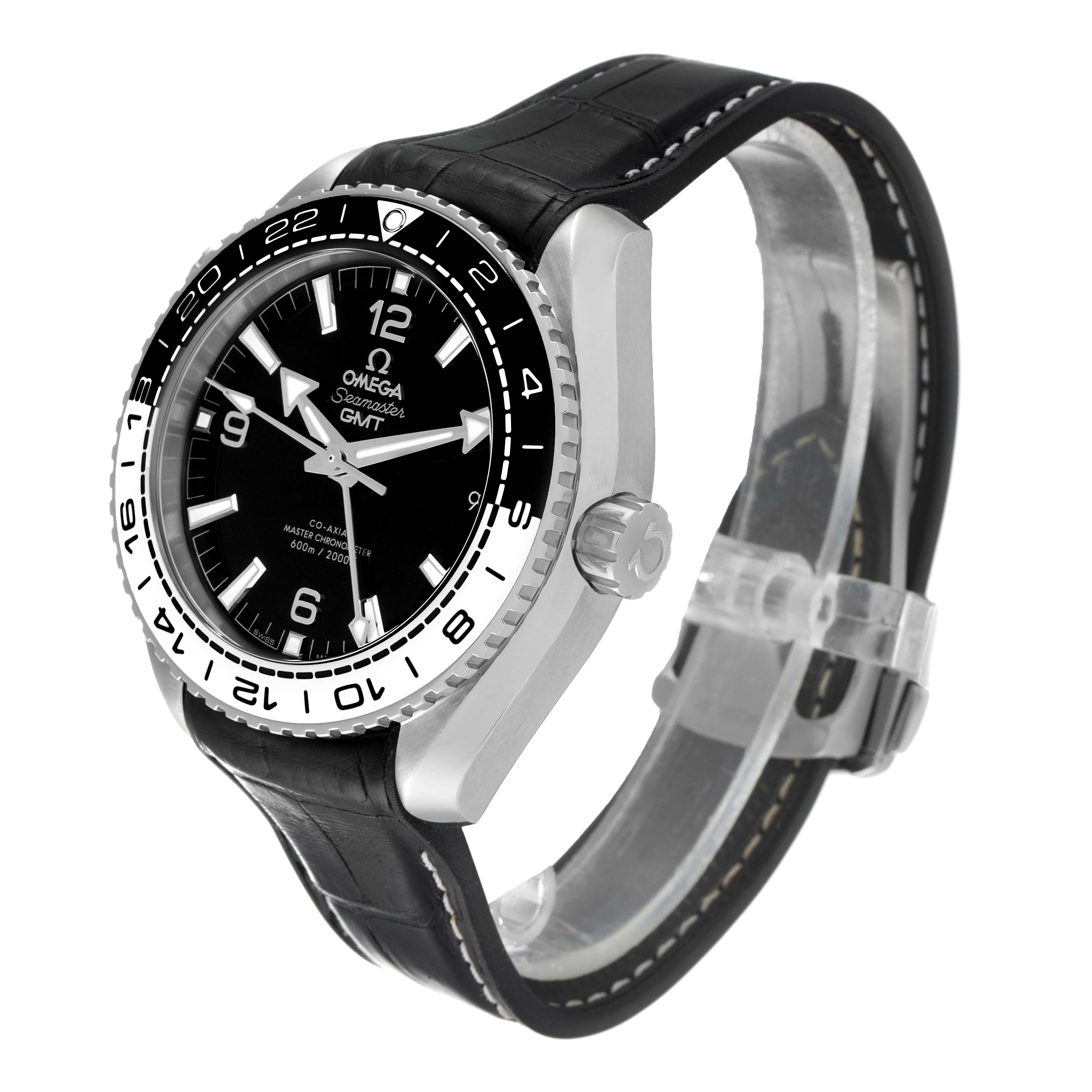 The image shows a side angle view of the Omega Planet Ocean 215.33.44.22.03.001 Men's Stainless Steel Black Dial 215.33.44.22.03.001 Men's Stainless Steel Black Dial model, highlighting the dial, bezel, crown, and leather strap.