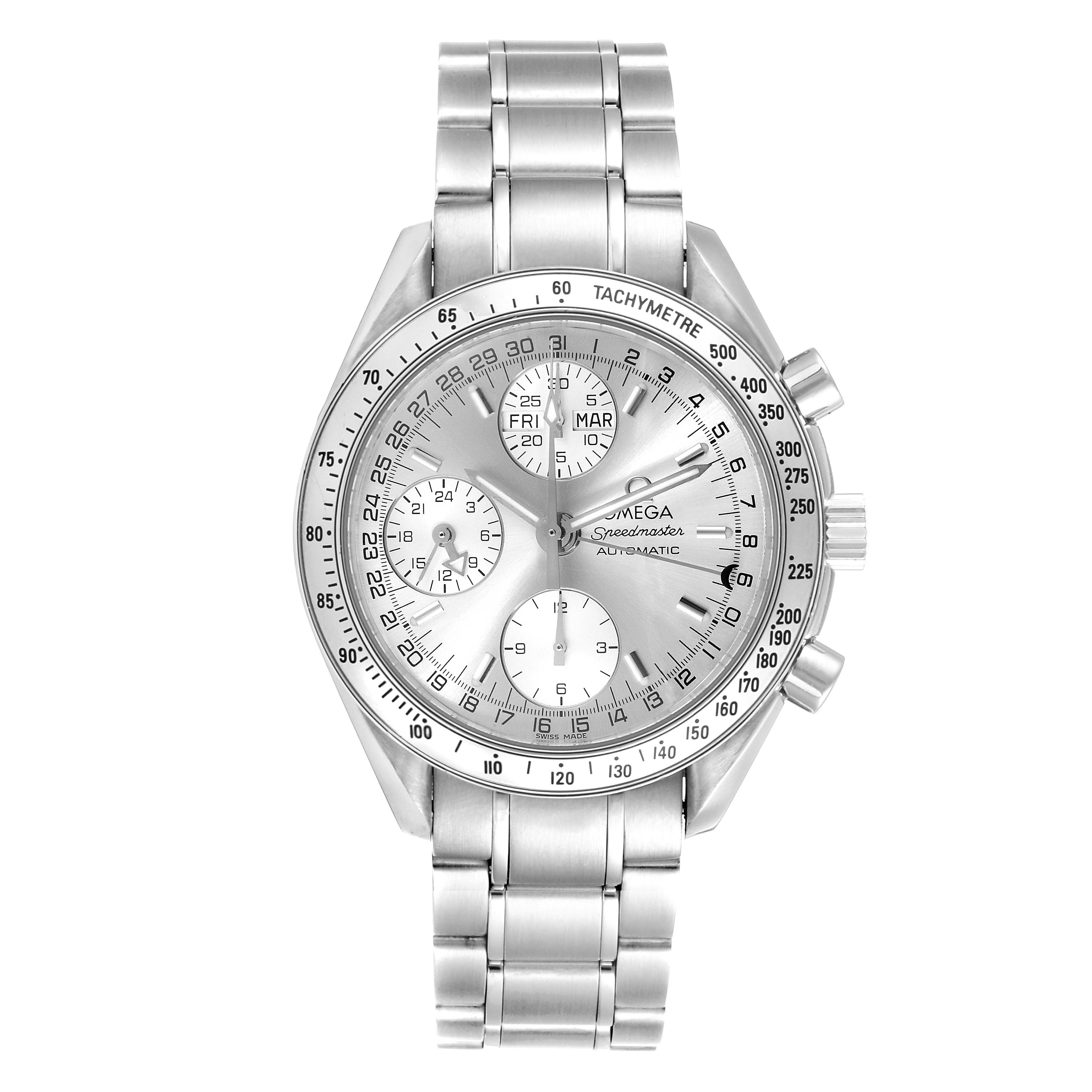The Omega Speedmaster 3523.30.00 Men
s Stainless Steel Silver Dial 3523.30.00 Men
s Stainless Steel Silver Dial is shown from a front angle, displaying its dial, tachymeter bezel, subdials, and metal bracelet.