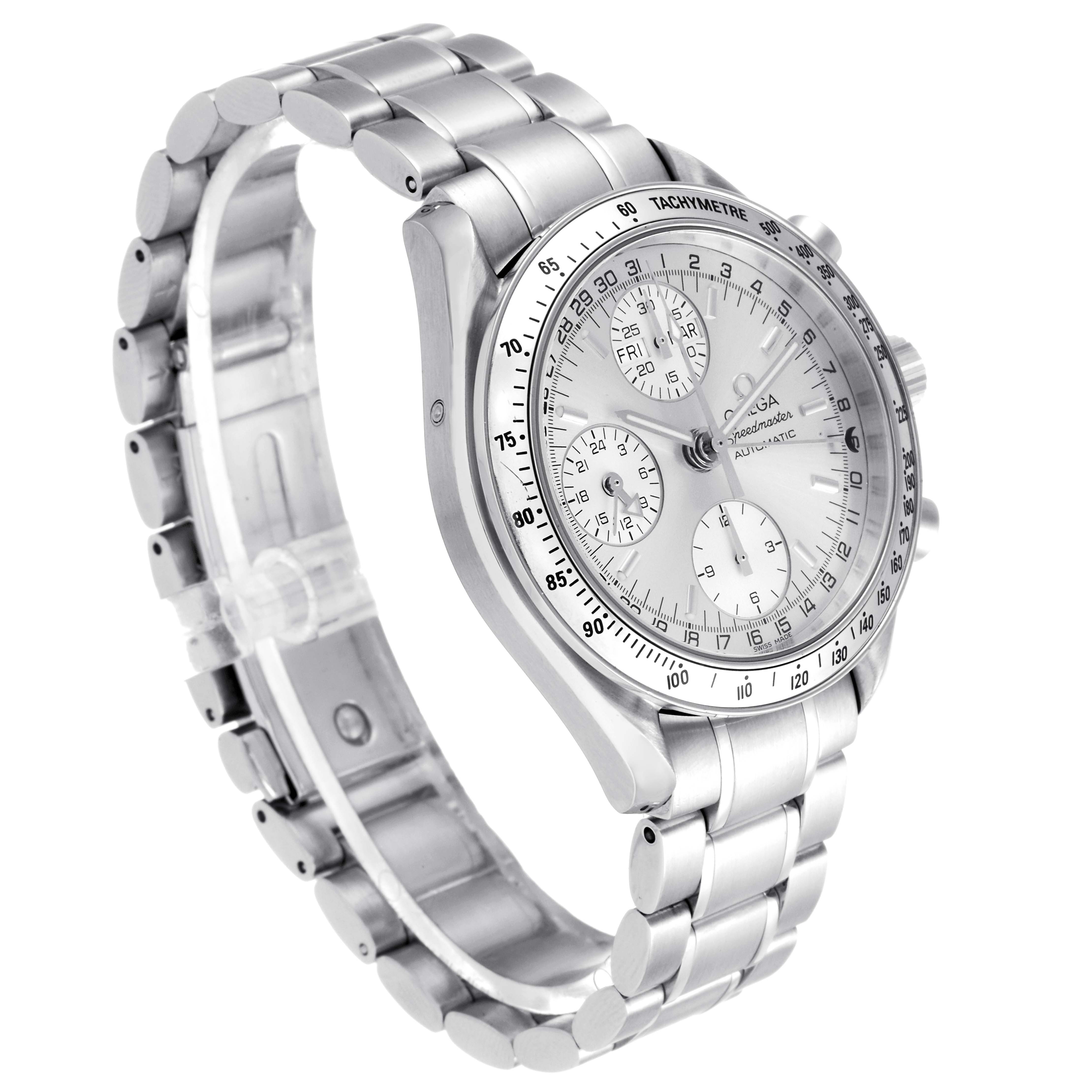 The image shows an angled front view of an Omega Speedmaster 3523.30.00 Men
s Stainless Steel Silver Dial 3523.30.00 Men
s Stainless Steel Silver Dial watch, highlighting its face, bezel, and metal bracelet.