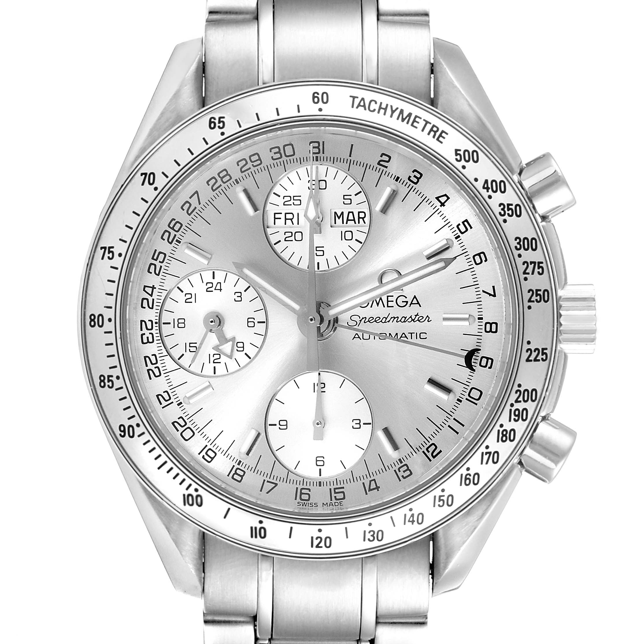 The image shows a frontal view of the Omega Speedmaster 3523.30.00 Men
s Stainless Steel Silver Dial 3523.30.00 Men
s Stainless Steel Silver Dial watch, showcasing its dial, chronograph subdials, and tachymeter scale.
