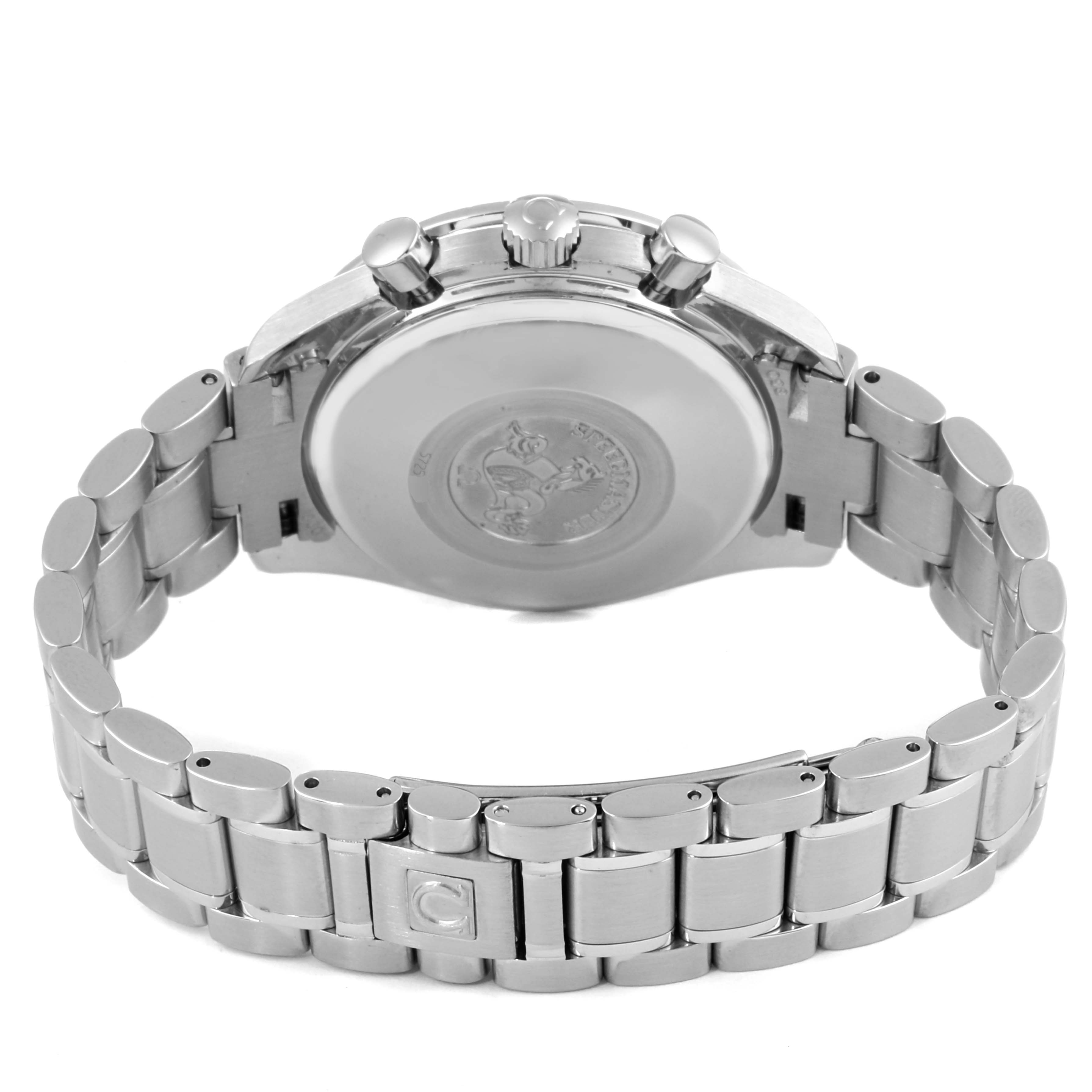 The image shows the back view and bracelet of an Omega Speedmaster 3523.30.00 Men
s Stainless Steel Silver Dial 3523.30.00 Men
s Stainless Steel Silver Dial watch, highlighting the clasp and caseback.