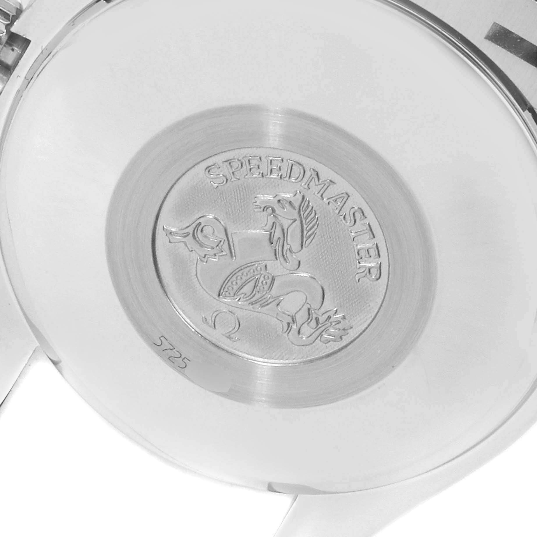 This image shows the engraved case back of an Omega Speedmaster 3523.30.00 Men
s Stainless Steel Silver Dial 3523.30.00 Men
s Stainless Steel Silver Dial watch, featuring the Speedmaster logo.