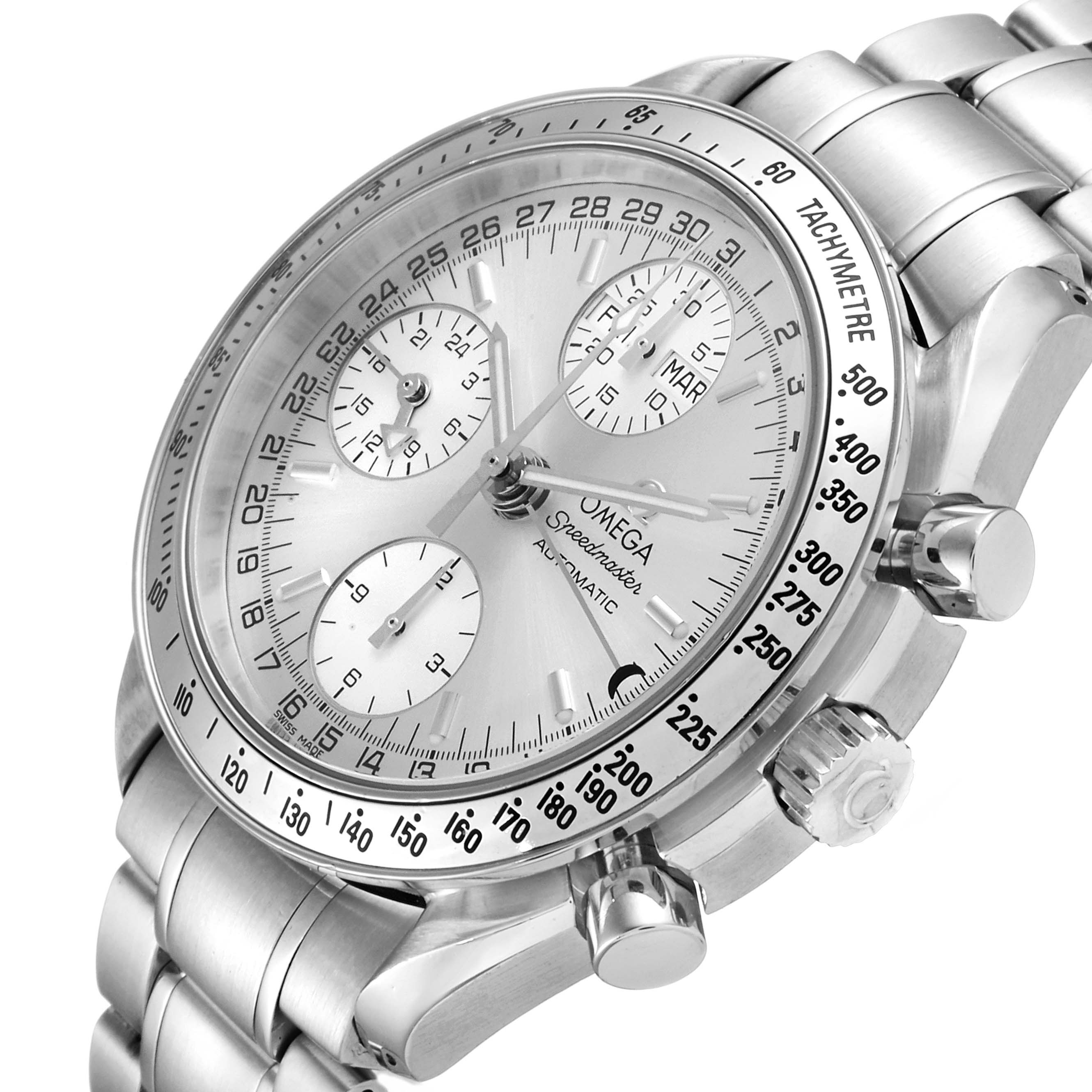 The image shows a close-up angled view of an Omega Speedmaster 3523.30.00 Men
s Stainless Steel Silver Dial 3523.30.00 Men
s Stainless Steel Silver Dial watch, highlighting the dial, bezel, crown, and pushers.