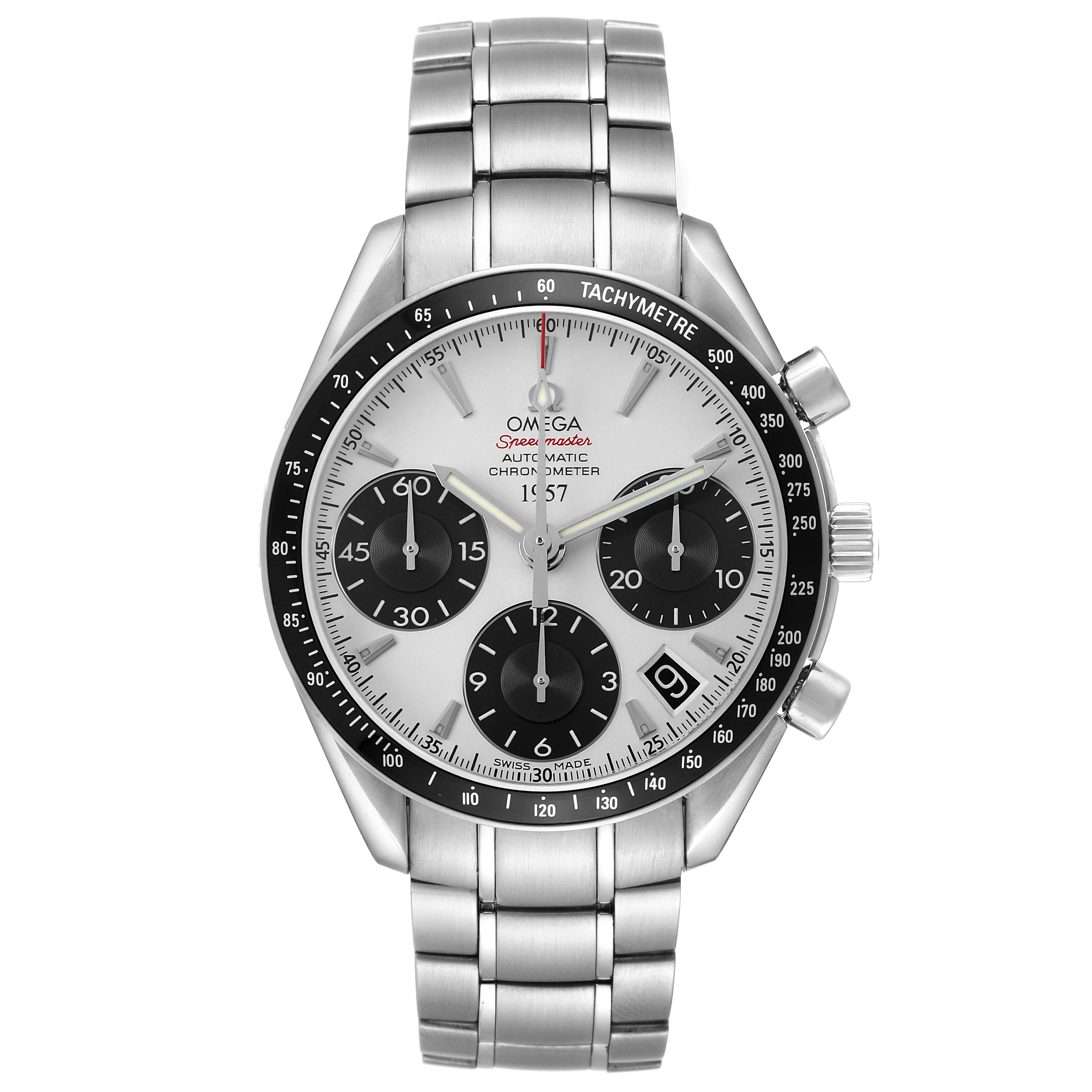 The Omega Speedmaster 323.30.40.40.02.001 Men's Stainless Steel White Dial watch is shown from the front, displaying the dial, bezel, subdials, and metal bracelet.