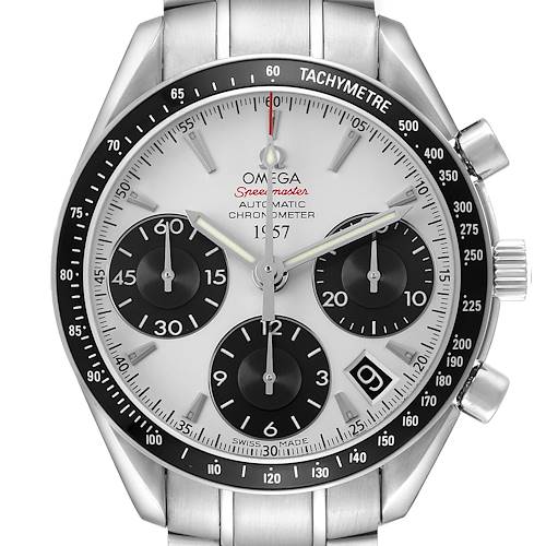 The Omega Speedmaster 323.30.40.40.02.001 Men's Stainless Steel White Dial watch is shown front-on, displaying the face, bezel, and partial bracelet.