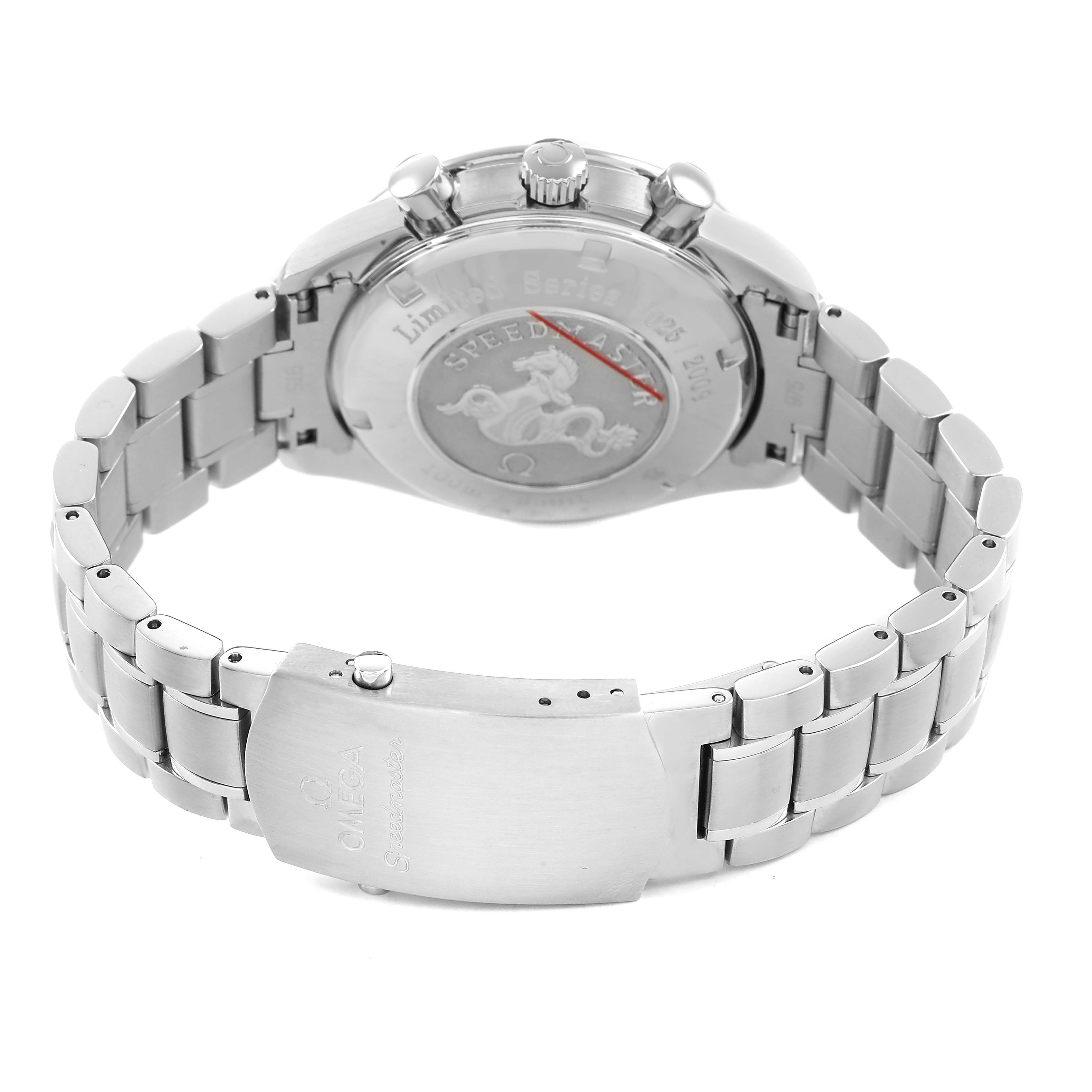 The Omega Speedmaster 323.30.40.40.02.001 Men's Stainless Steel White Dial watch is shown from the rear, highlighting its case back, bracelet, and clasp.