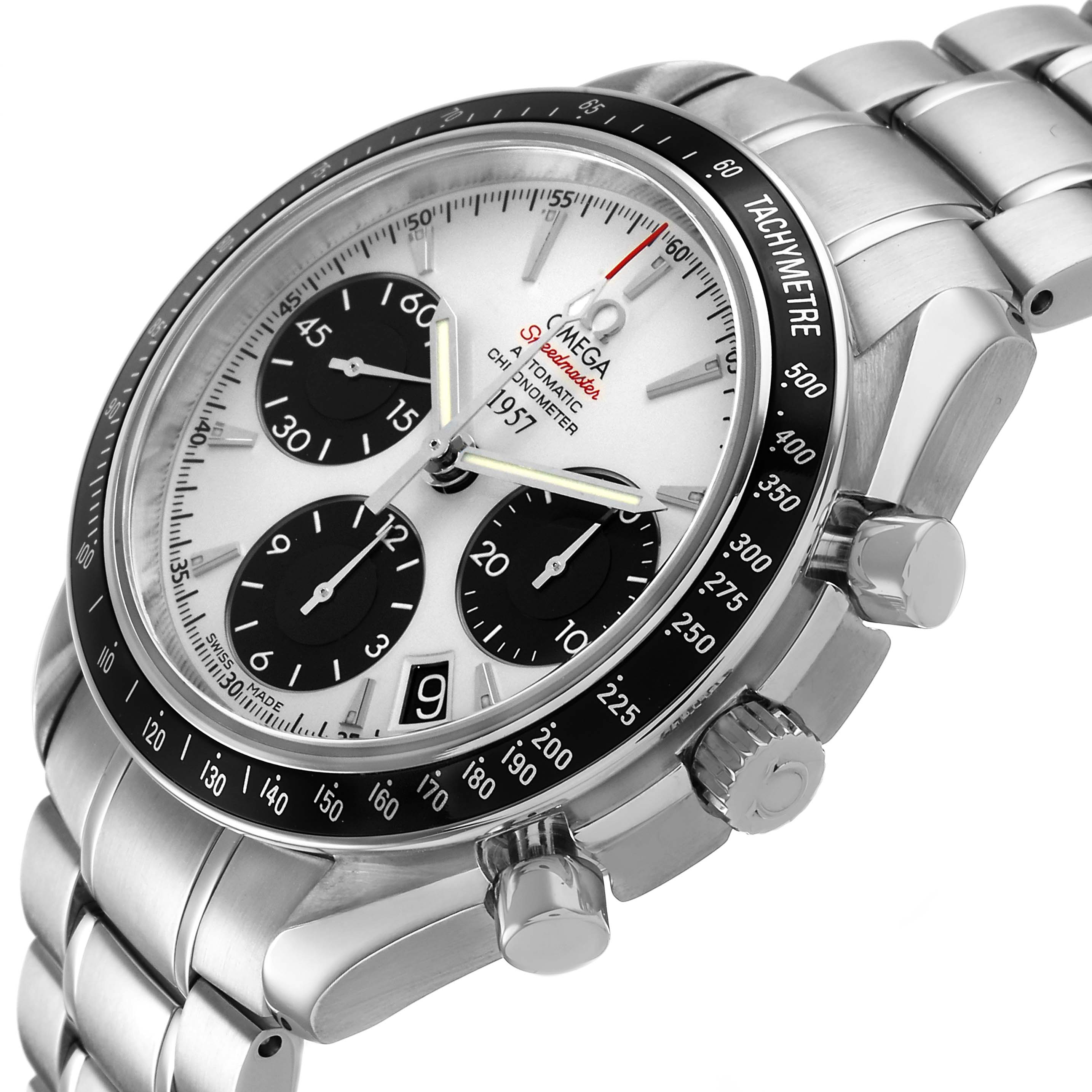 The Omega Speedmaster 323.30.40.40.02.001 Men's Stainless Steel White Dial watch is shown from a side angle, highlighting its dial, tachymeter bezel, and stainless steel bracelet.