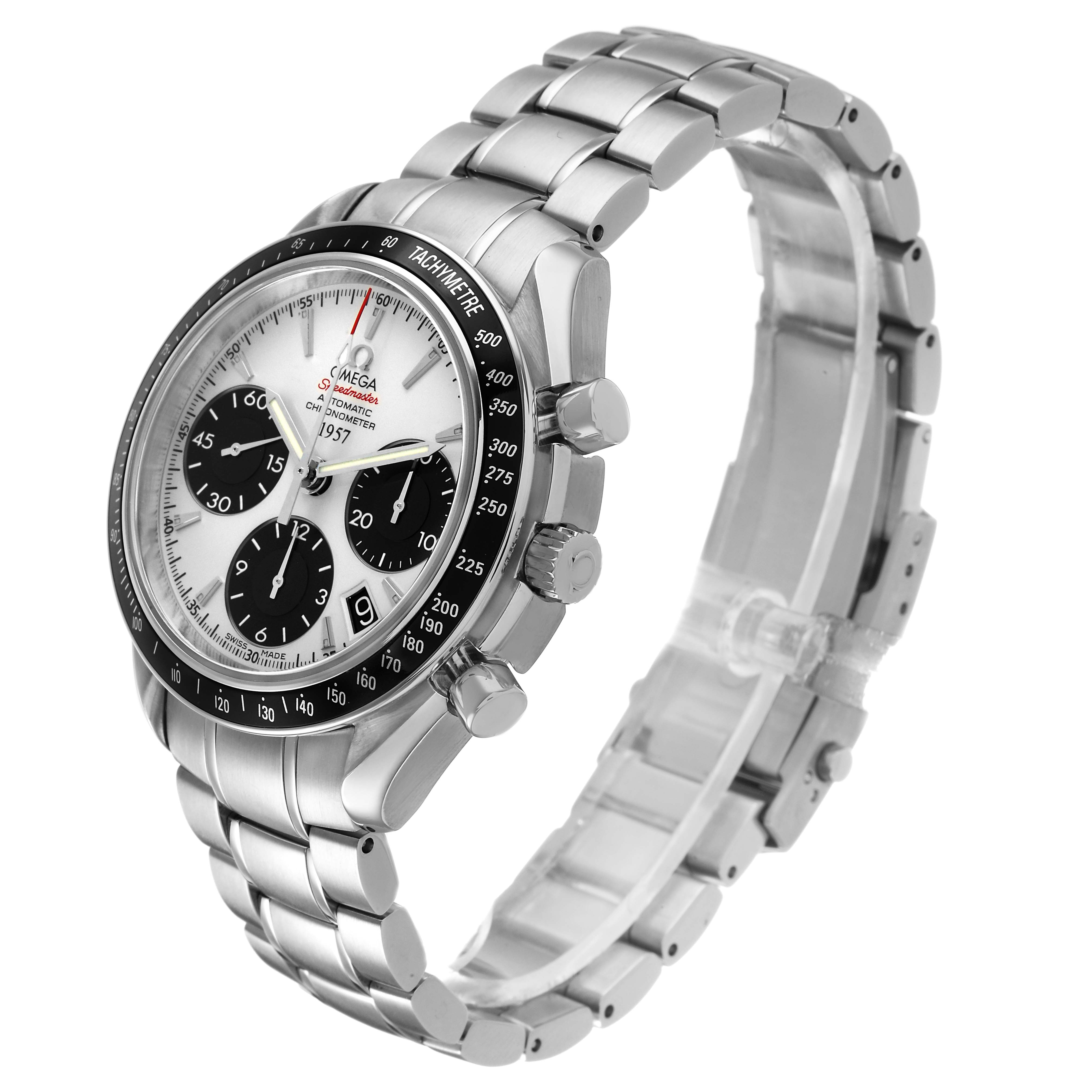 The Omega Speedmaster 323.30.40.40.02.001 Men's Stainless Steel White Dial watch is shown at a three-quarter angle, displaying the face, bezel, pushers, and stainless steel bracelet.