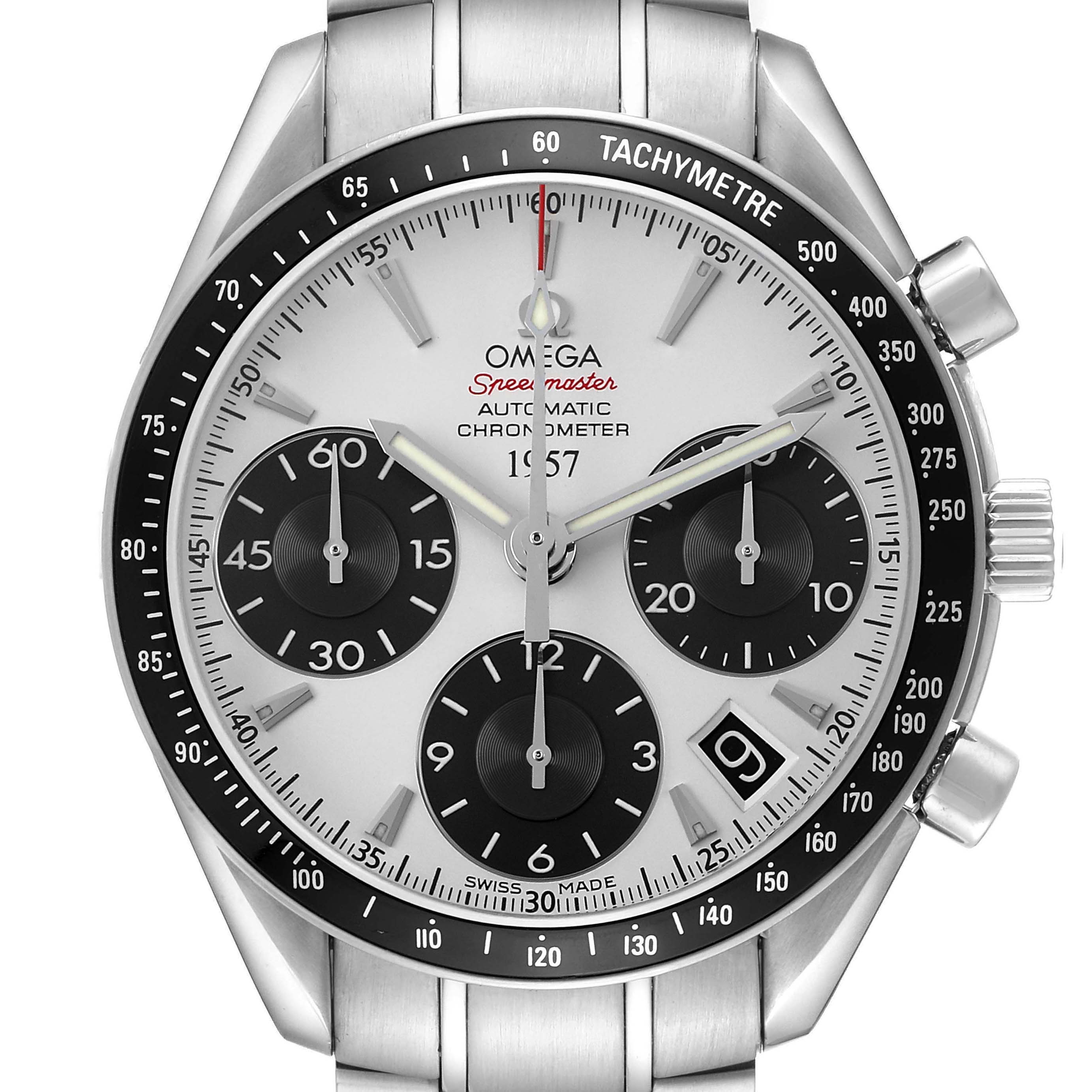 The Omega Speedmaster 323.30.40.40.02.001 Men's Stainless Steel White Dial watch is shown from the front, displaying its face, tachymeter bezel, sub-dials, and part of the bracelet.