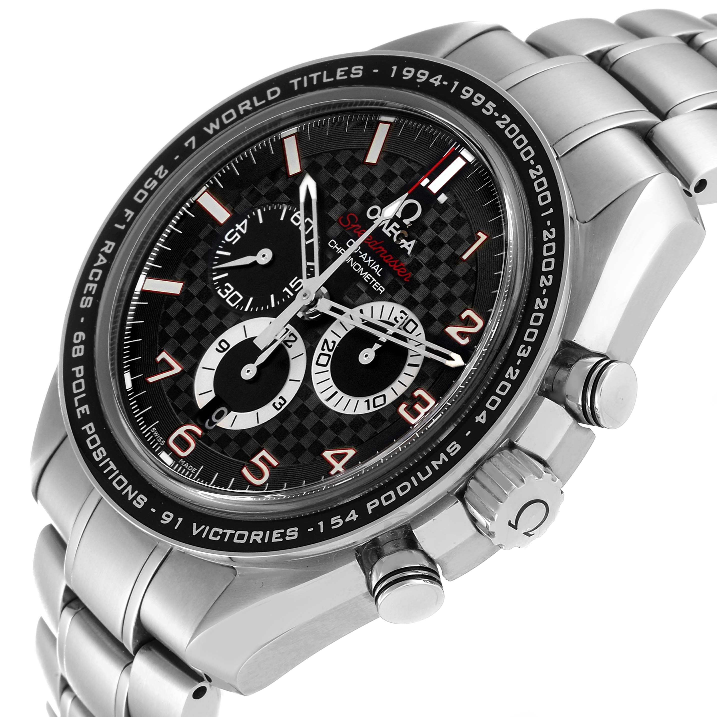 The image shows an angled close-up of an Omega Speedmaster 321.30.44.50.01.001 Men
s Stainless Steel Black Dial 321.30.44.50.01.001 Men
s Stainless Steel Black Dial watch, highlighting the dial, bezel, and stainless steel bracelet.