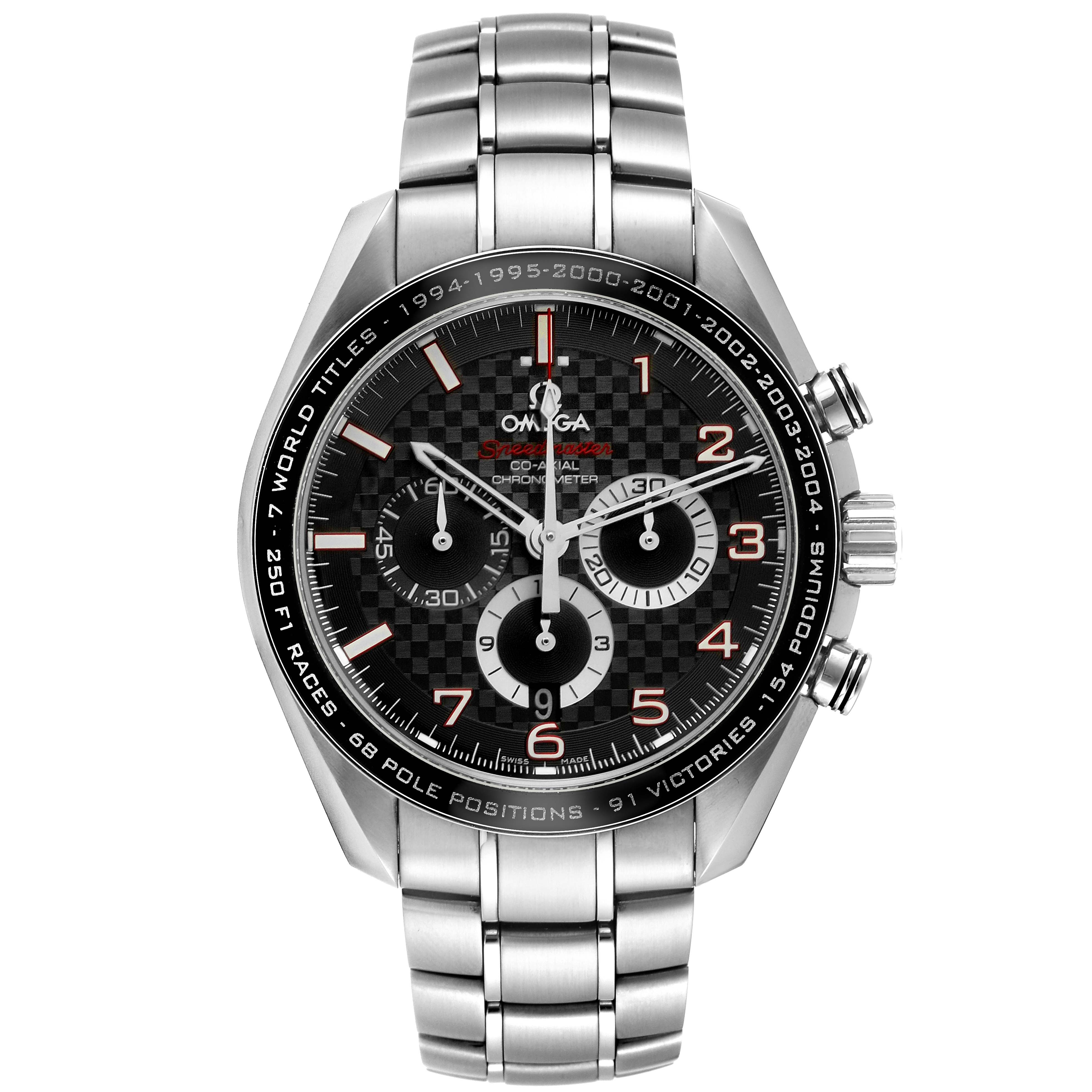 This image shows a front view of an Omega Speedmaster 321.30.44.50.01.001 Men
s Stainless Steel Black Dial 321.30.44.50.01.001 Men
s Stainless Steel Black Dial watch with a metal bracelet and detailed dial.