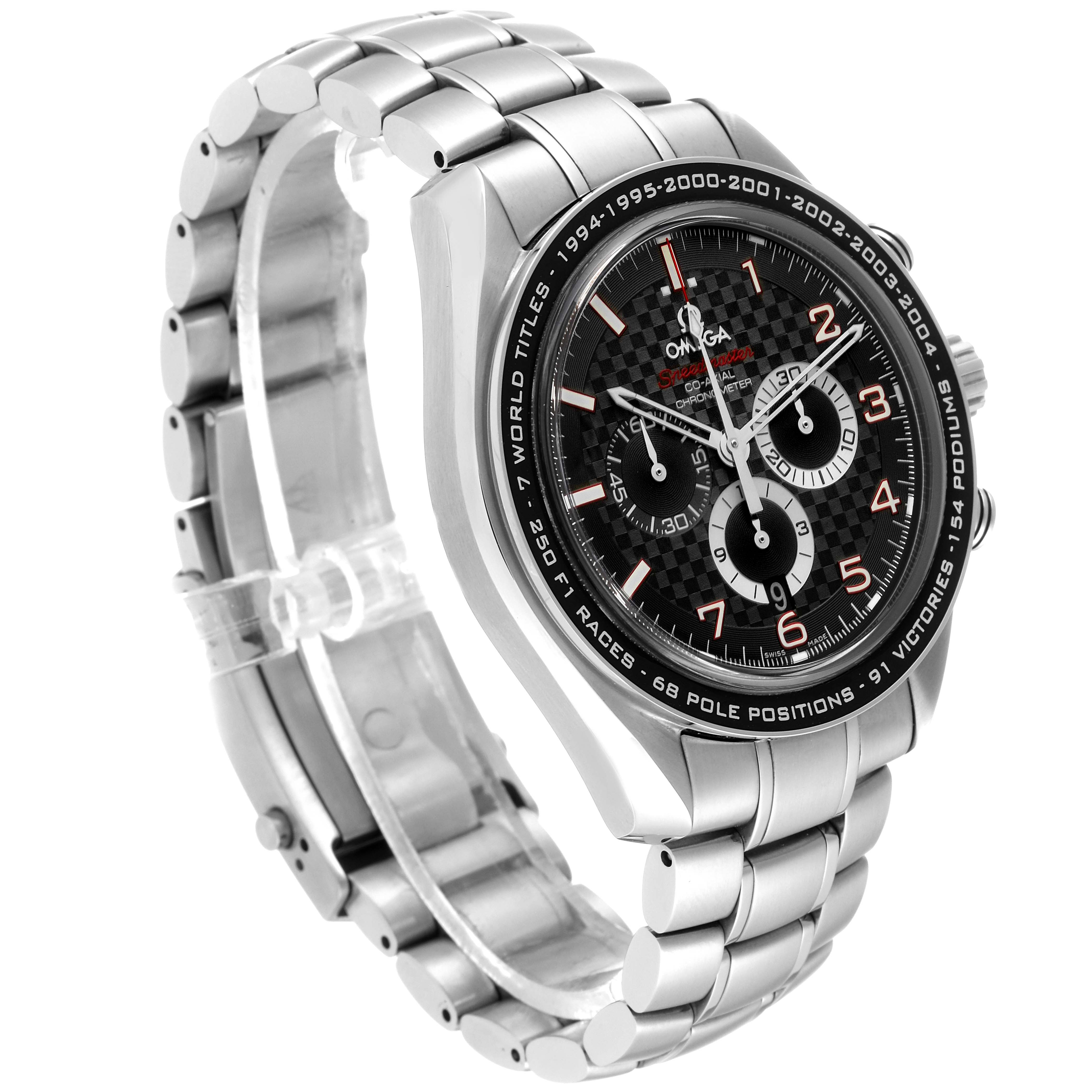 The Omega Speedmaster 321.30.44.50.01.001 Men
s Stainless Steel Black Dial 321.30.44.50.01.001 Men
s Stainless Steel Black Dial watch is shown at a three-quarter angle, highlighting its bracelet, bezel, and chronograph dial.