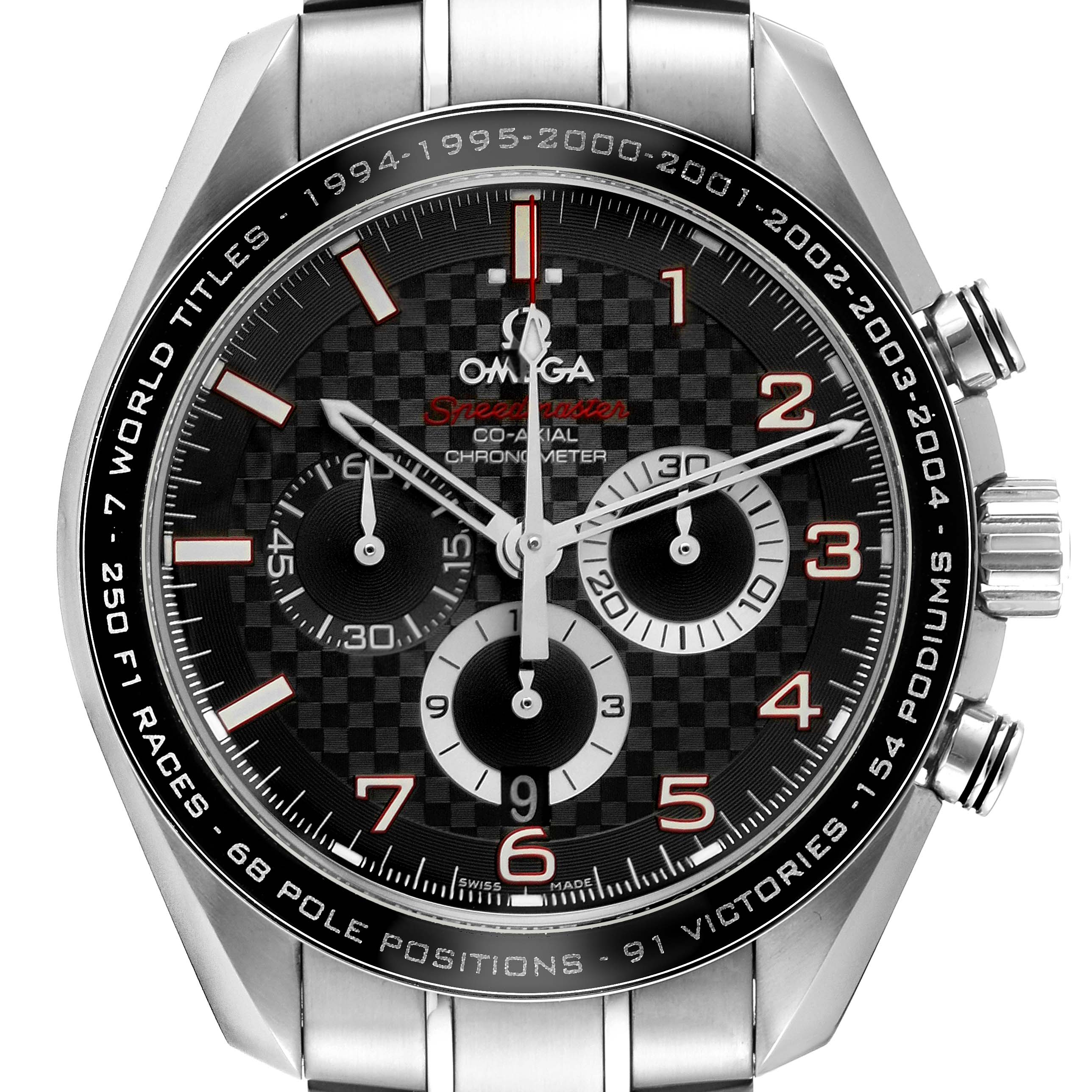 The image shows a front view of the Omega Speedmaster 321.30.44.50.01.001 Men
s Stainless Steel Black Dial 321.30.44.50.01.001 Men
s Stainless Steel Black Dial watch, highlighting the black dial, chronographs, and stainless steel case.