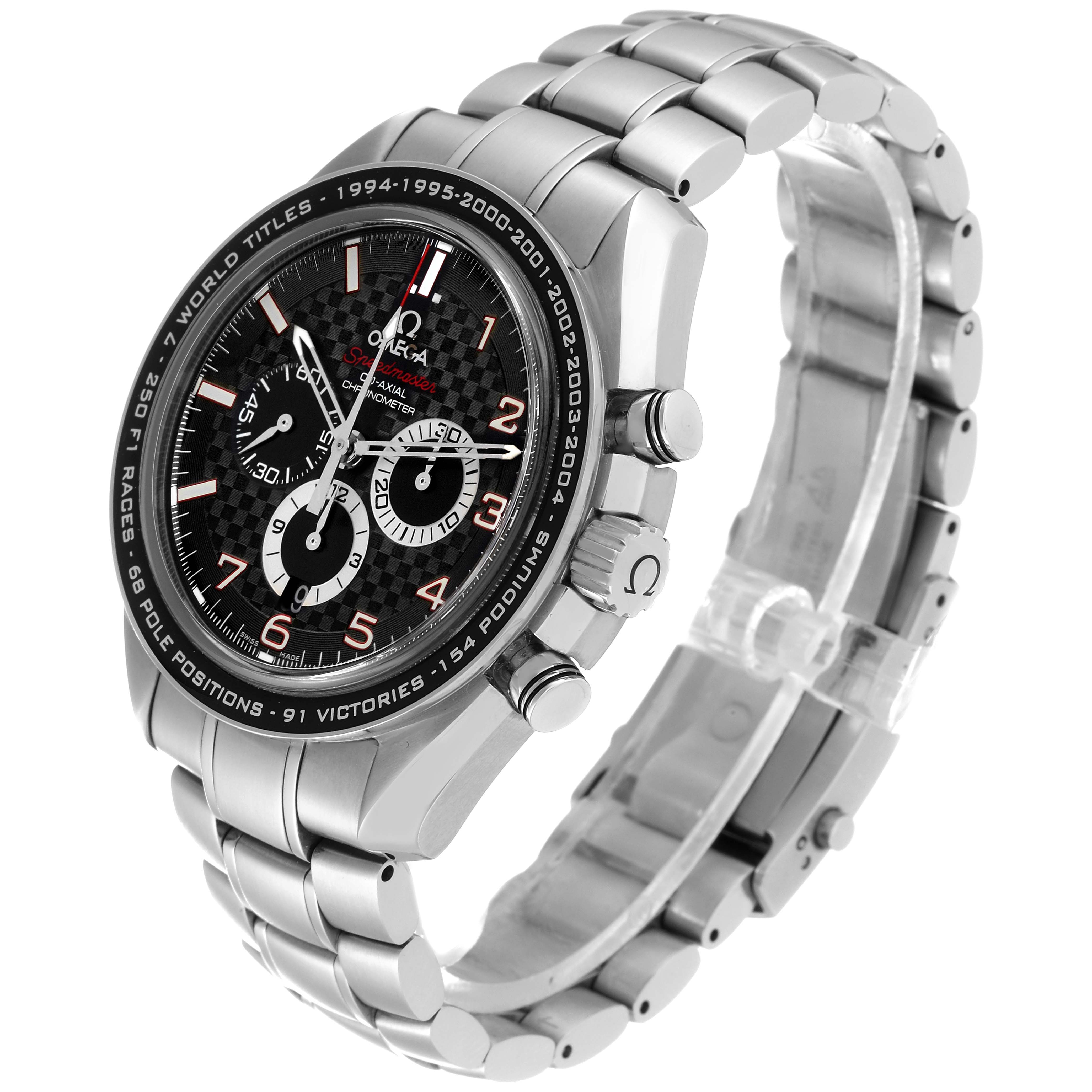 The Omega Speedmaster 321.30.44.50.01.001 Men
s Stainless Steel Black Dial 321.30.44.50.01.001 Men
s Stainless Steel Black Dial watch is shown at a three-quarter angle, highlighting its face, bezel, side buttons, and metal bracelet.