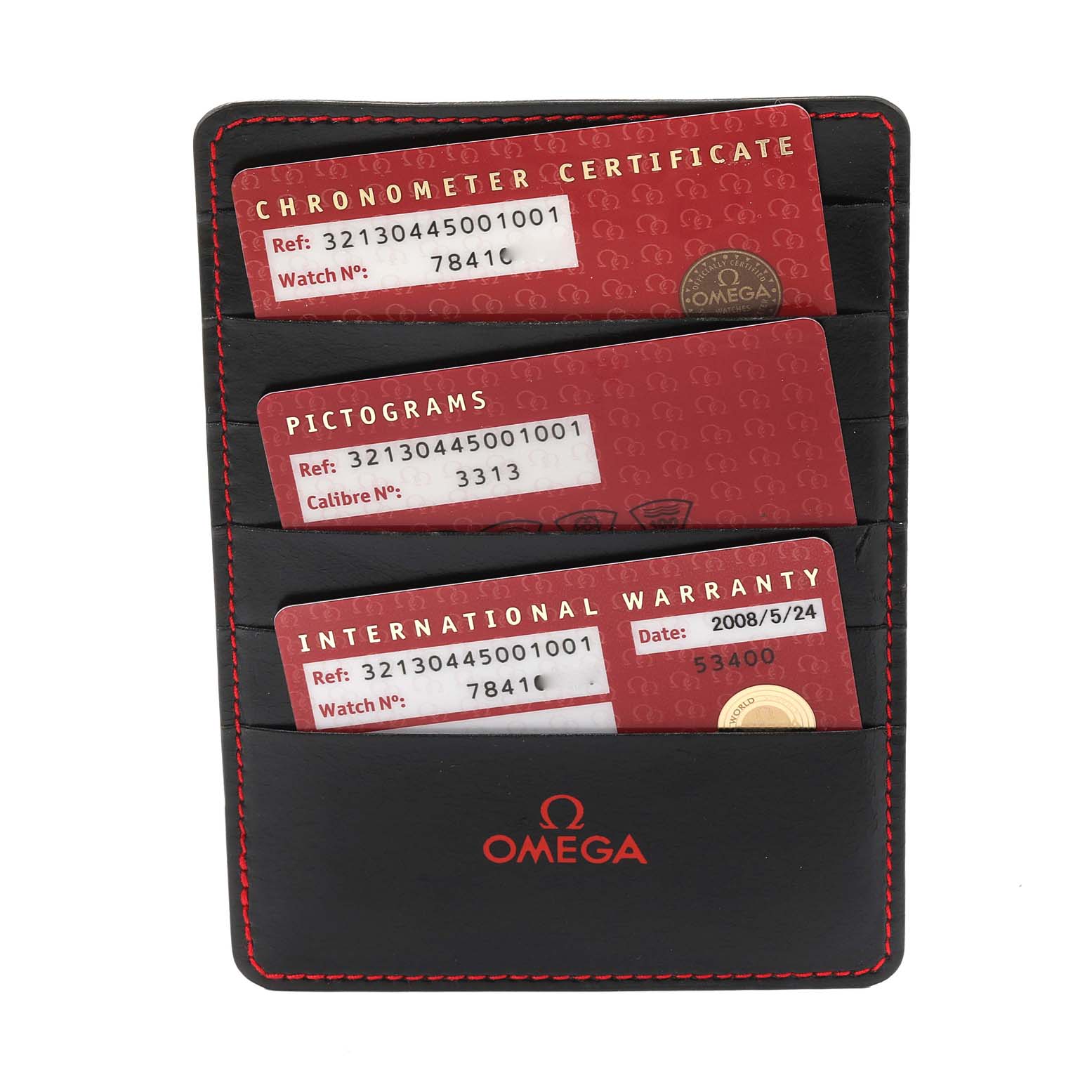 This image shows the chronometer certificate, pictograms card, and international warranty card for an Omega Speedmaster 321.30.44.50.01.001 Men
s Stainless Steel Black Dial 321.30.44.50.01.001 Men
s Stainless Steel Black Dial watch in a cardholder.