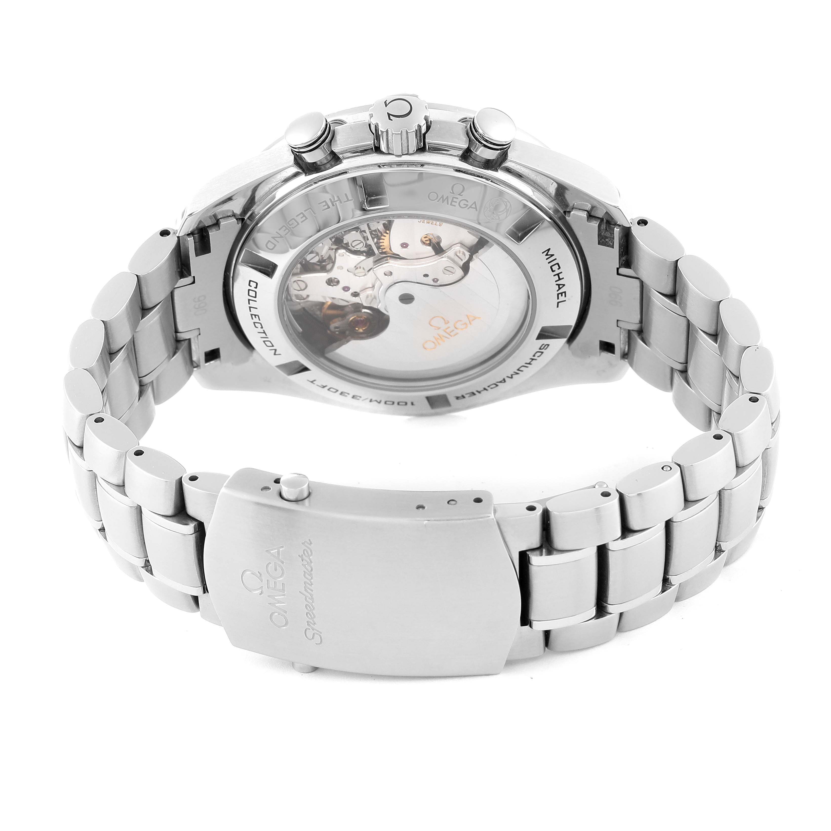 The image shows the back and clasp of an Omega Speedmaster 321.30.44.50.01.001 Men
s Stainless Steel Black Dial 321.30.44.50.01.001 Men
s Stainless Steel Black Dial watch, revealing its visible movement and stainless steel bracelet.