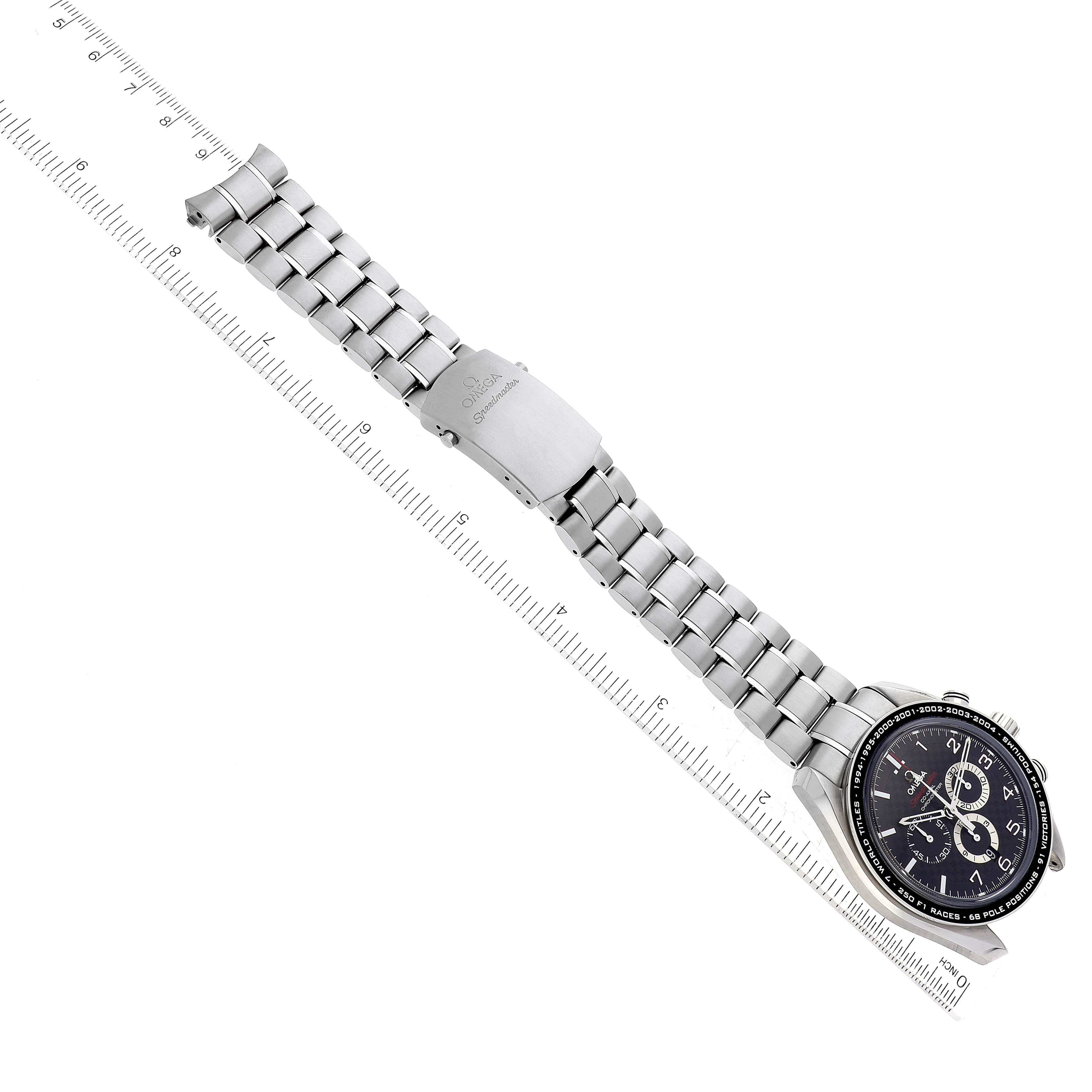 The image shows an overhead view of the Omega Speedmaster 321.30.44.50.01.001 Men
s Stainless Steel Black Dial 321.30.44.50.01.001 Men
s Stainless Steel Black Dial watch, displaying the dial, bracelet, and clasp.