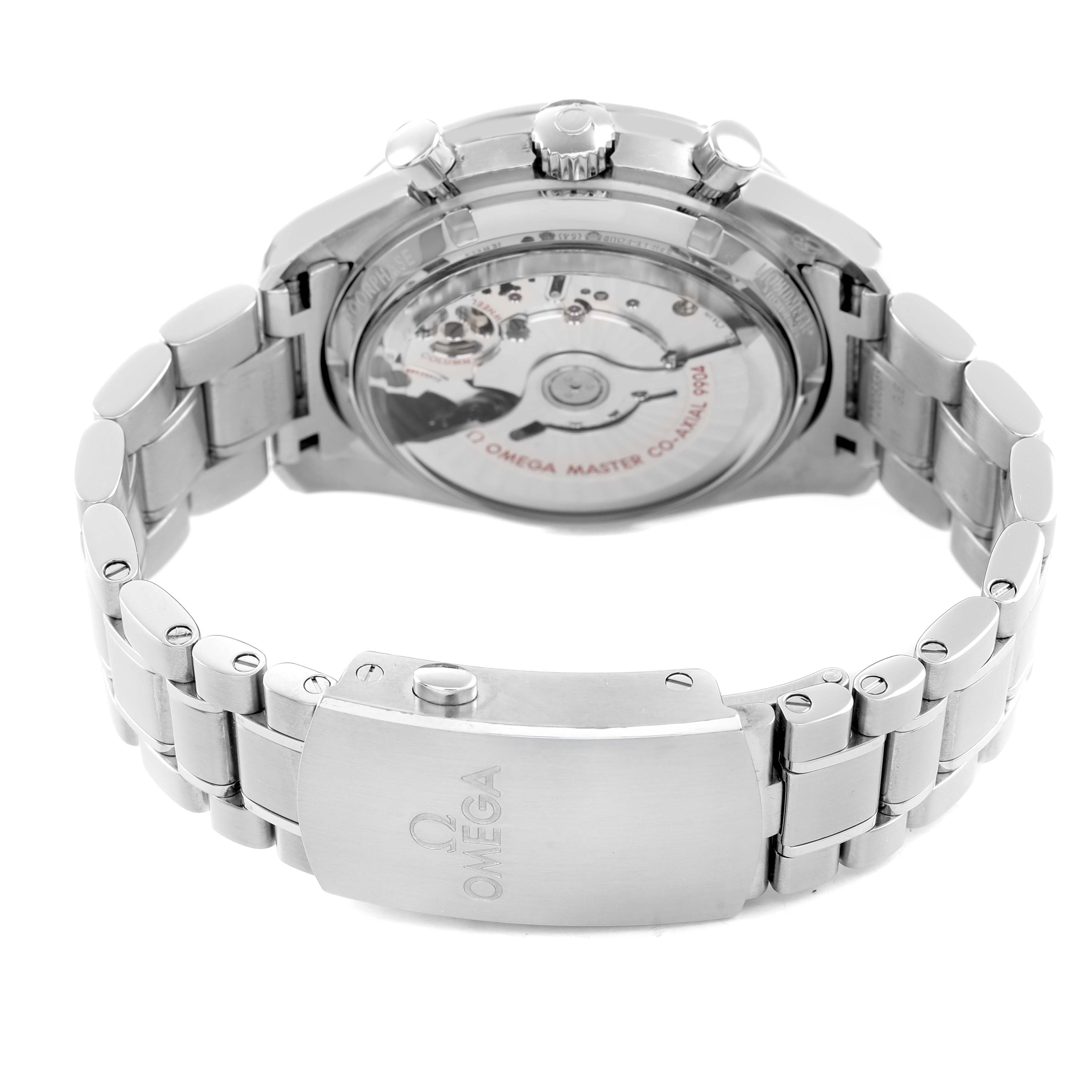 The image shows the backside and bracelet of an Omega Speedmaster 304.30.44.52.01.001 Men's Stainless Steel Black Dial, highlighting the movement and clasp.