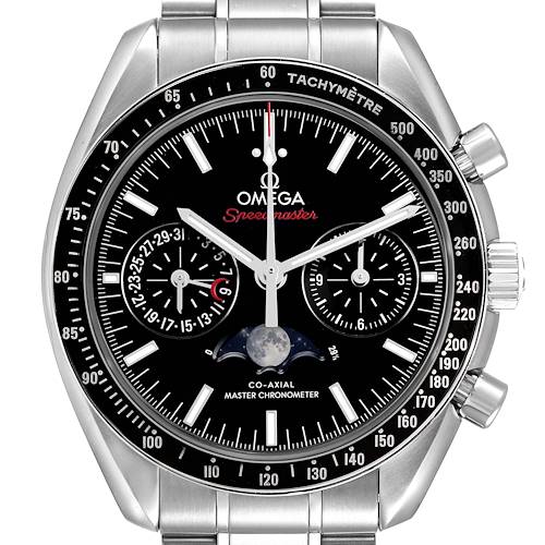 The Omega Speedmaster 304.30.44.52.01.001 Men's Stainless Steel Black Dial watch is shown from the front, highlighting the dial, subdials, moon phase, and tachymeter bezel.
